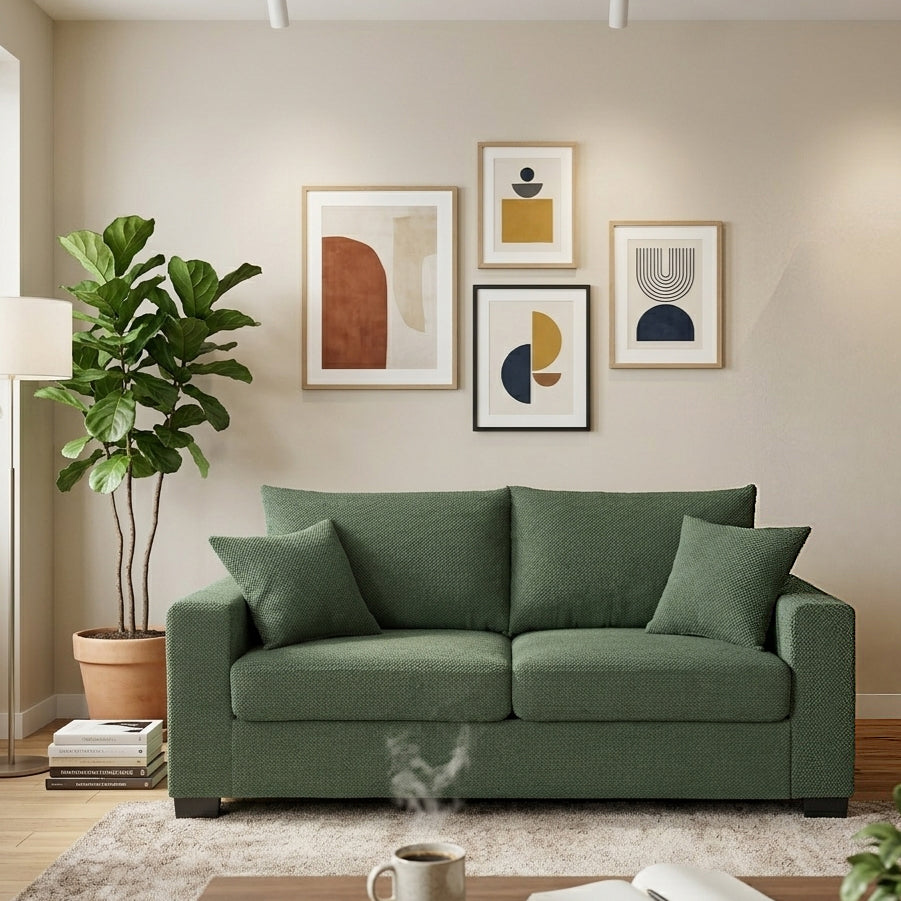 69-inch two-seater Sofa with Textured Fabric, Comfortable Upholstered Couch with 2 Throw Pillows and Sturdy Plastic Legs for Living Room, Apartment, Office, Dark Green image 2