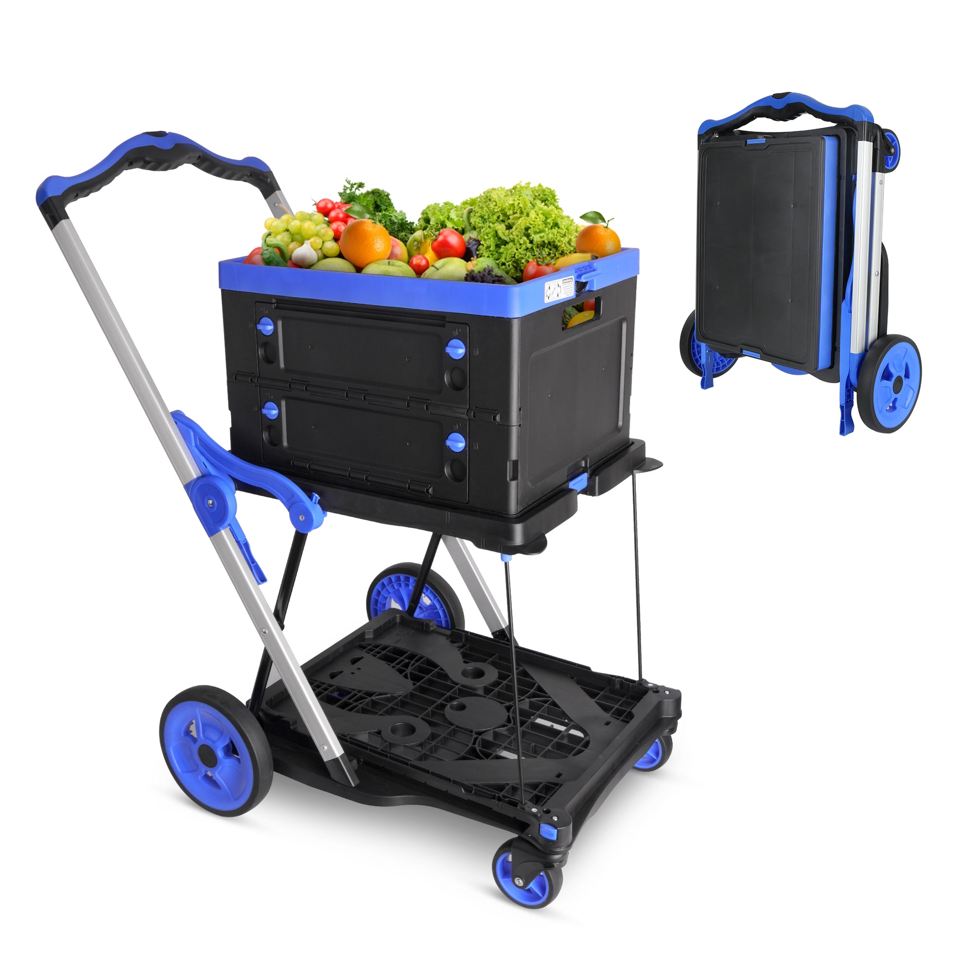 2-Tier Folding Cart Multi Use Functional Collapsible carts Shopping Trolley with Wheels Shopping Cart with Storage Crate Utility Cart for Groceries Warehouse Supermarket image 8