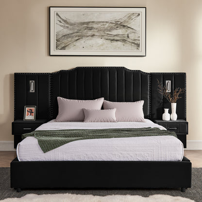 Queen Size Upholstered Bed Frame with Velvet Fabric, Vertical Stripe Design with Buttons Around Platform Bed with Headboard, Solid Frame & Bedside Table - No Box Spring Needed-Black image 6