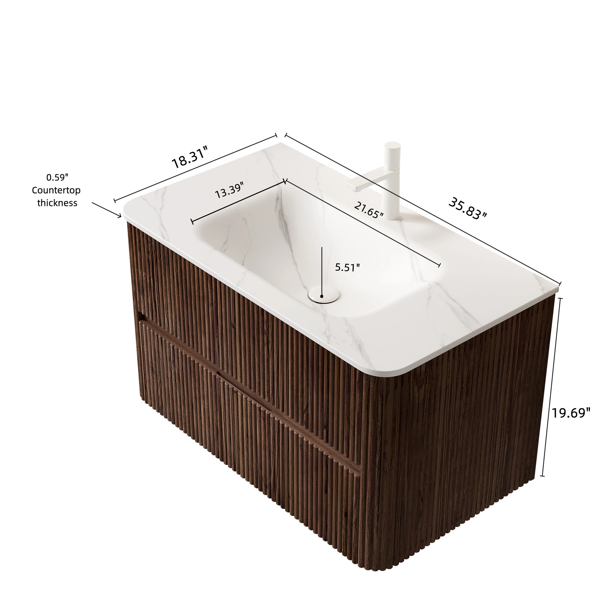 NOOR 36" Bathroom Vanity&Sink, Floating Stripe Plywood Storage Cabinet with 2 Drawers, Carrara White Sintered Stone Hot-bent Integrated Rectangle Basin, Pre-assembled, Retro Walnut Woodgrain Color image 5