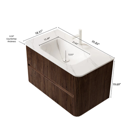 NOOR 36" Bathroom Vanity&Sink, Floating Stripe Plywood Storage Cabinet with 2 Drawers, Carrara White Sintered Stone Hot-bent Integrated Rectangle Basin, Pre-assembled, Retro Walnut Woodgrain Color image 5