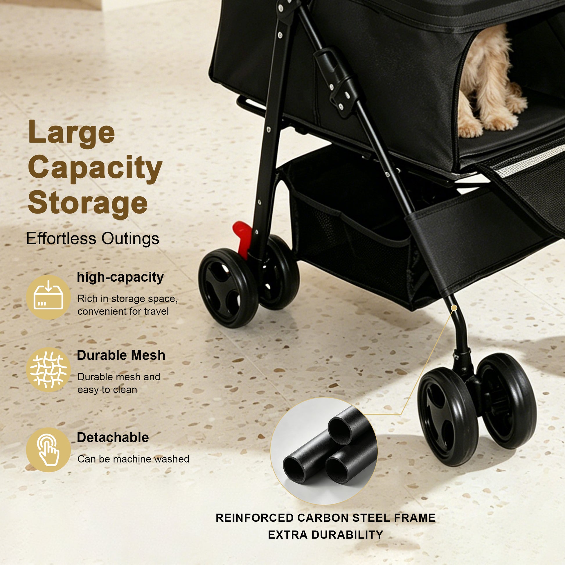 Foldable Pet Stroller for Small Dogs and Cats Under 28 lbs with Multi-Functional Tray, 2 Safety Leashes, Storage Basket & Breathable Mesh, 4 Wheels Pet Stroller, Black image 7