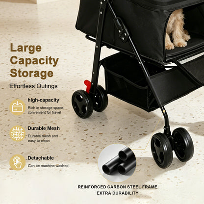 Foldable Pet Stroller for Small Dogs and Cats Under 28 lbs with Multi-Functional Tray, 2 Safety Leashes, Storage Basket & Breathable Mesh, 4 Wheels Pet Stroller, Black image 7