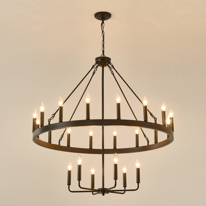 40'' 2 Tier Wagon Wheel Chandelier 16+6)22-Lights Farmhouse Industrial Country Style Round Pendant Light Fixture for Outdoor Porch high Ceilings Living Dining Room Foyer Entryway-BLACK image 9
