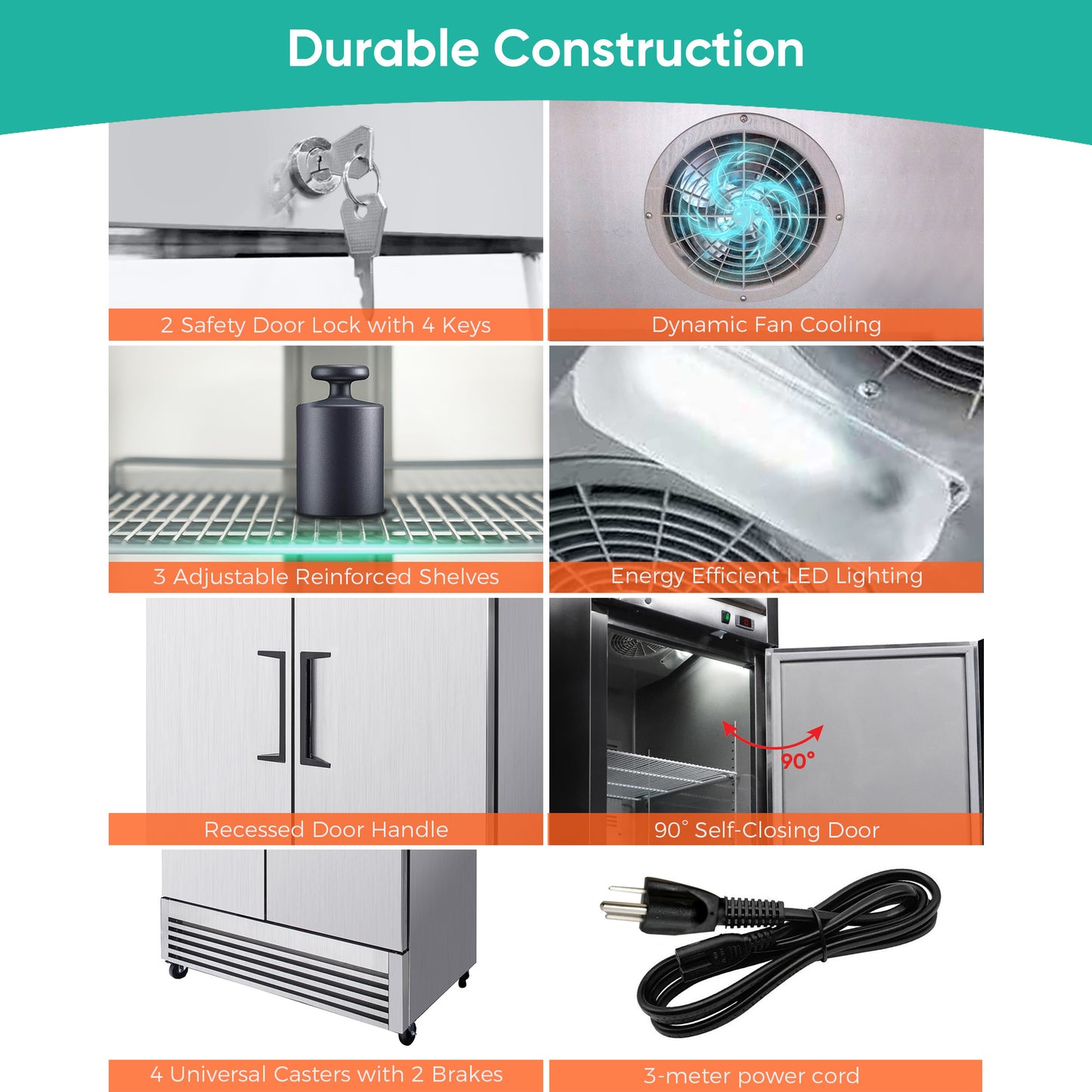 54"Commercial Freezer, 49 Cu.Ft Double Door Stainless Steel Reach-In Freezer, -8~0℉, Air Cooling, 6 Shelves, R290, ETL image 5