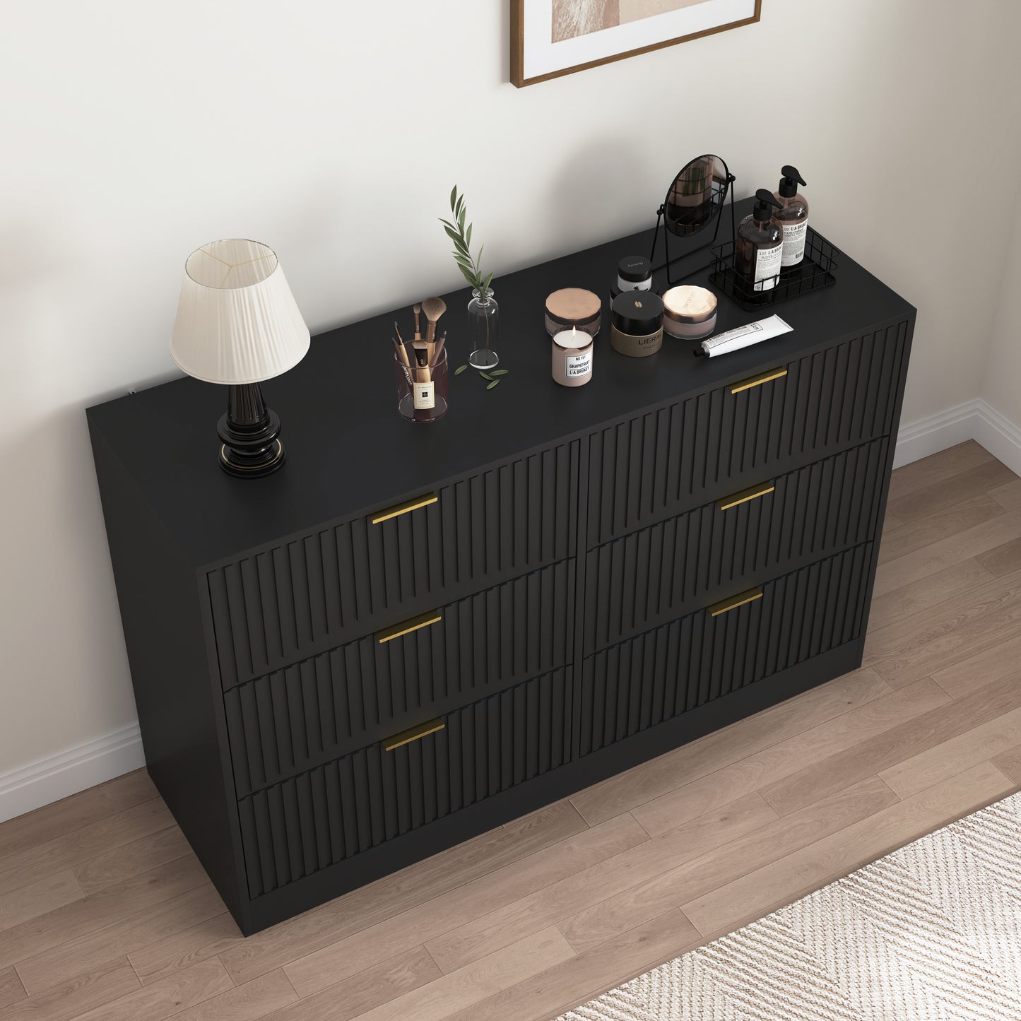 Modern 6-Drawer Dresser, Chest of Drawers for Bedroom, Living Room, Hallway, and Entryway - Large Storage Cabinet, Black,Drawer panel with wavy patterns image 9