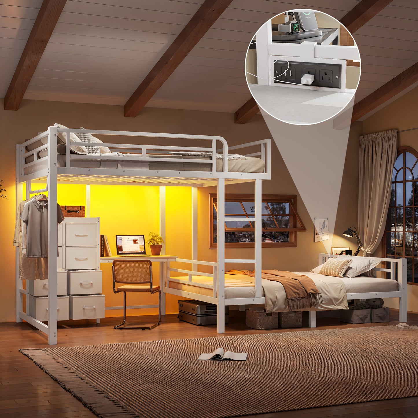 Full over Full Size with 8 Storage Drawers,Built in Bunk bed with Shelves,Bunk bed with Study Desk,Garment Hanging Rod and detachable hanging USB, Sturdy Steel Bed frame for Kids,Teens,adults,white image 1