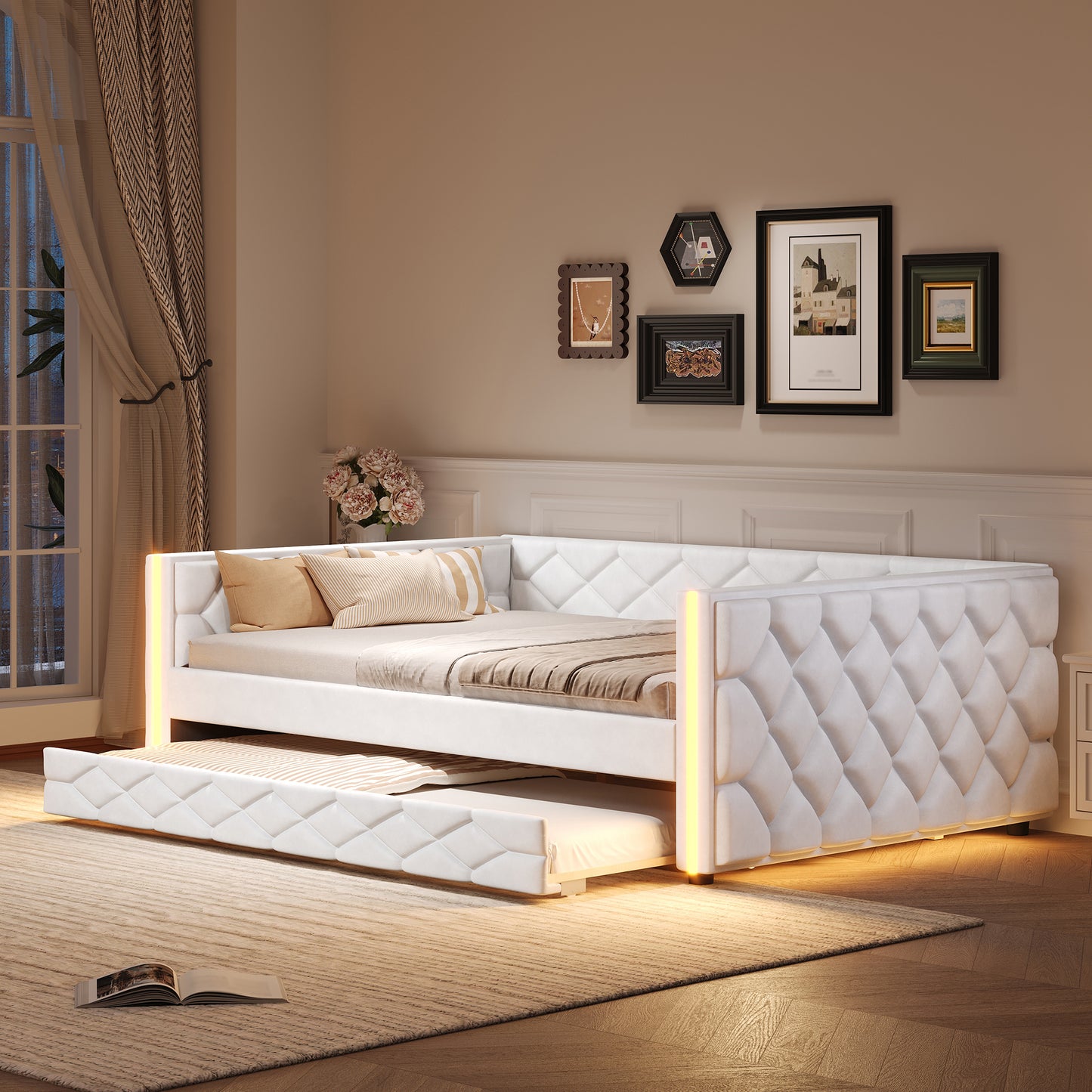 Full XL Size Upholstered Daybed with Trundle and LED, White image 1