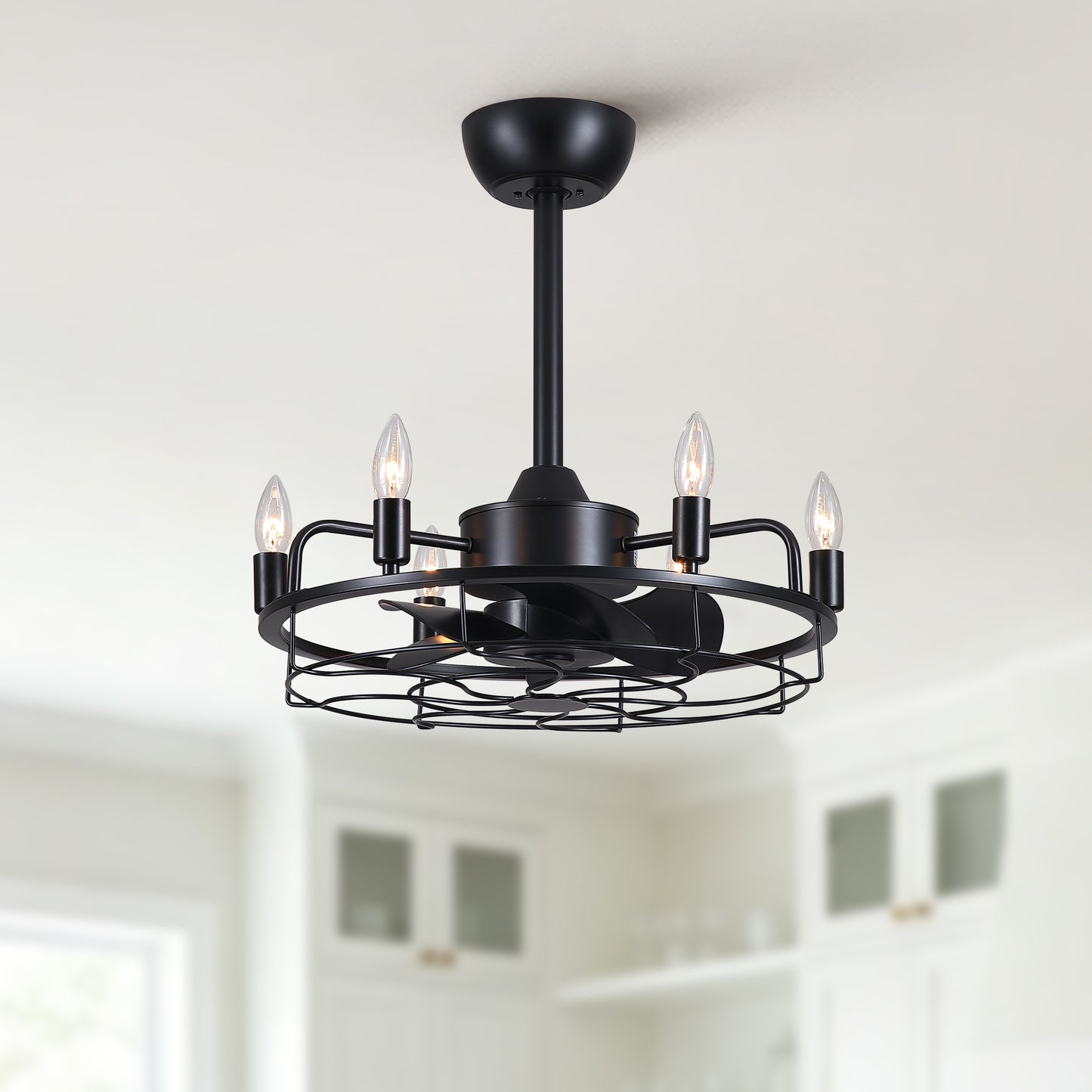 20" Industrial Ceiling Fan with Lights, Farmhouse Fandelier with 6 E12 Sockets, Reversible DC Motor, 6 Speeds Remote Control Ceiling Fan for Dining Room Kitchen Bedroom image 3