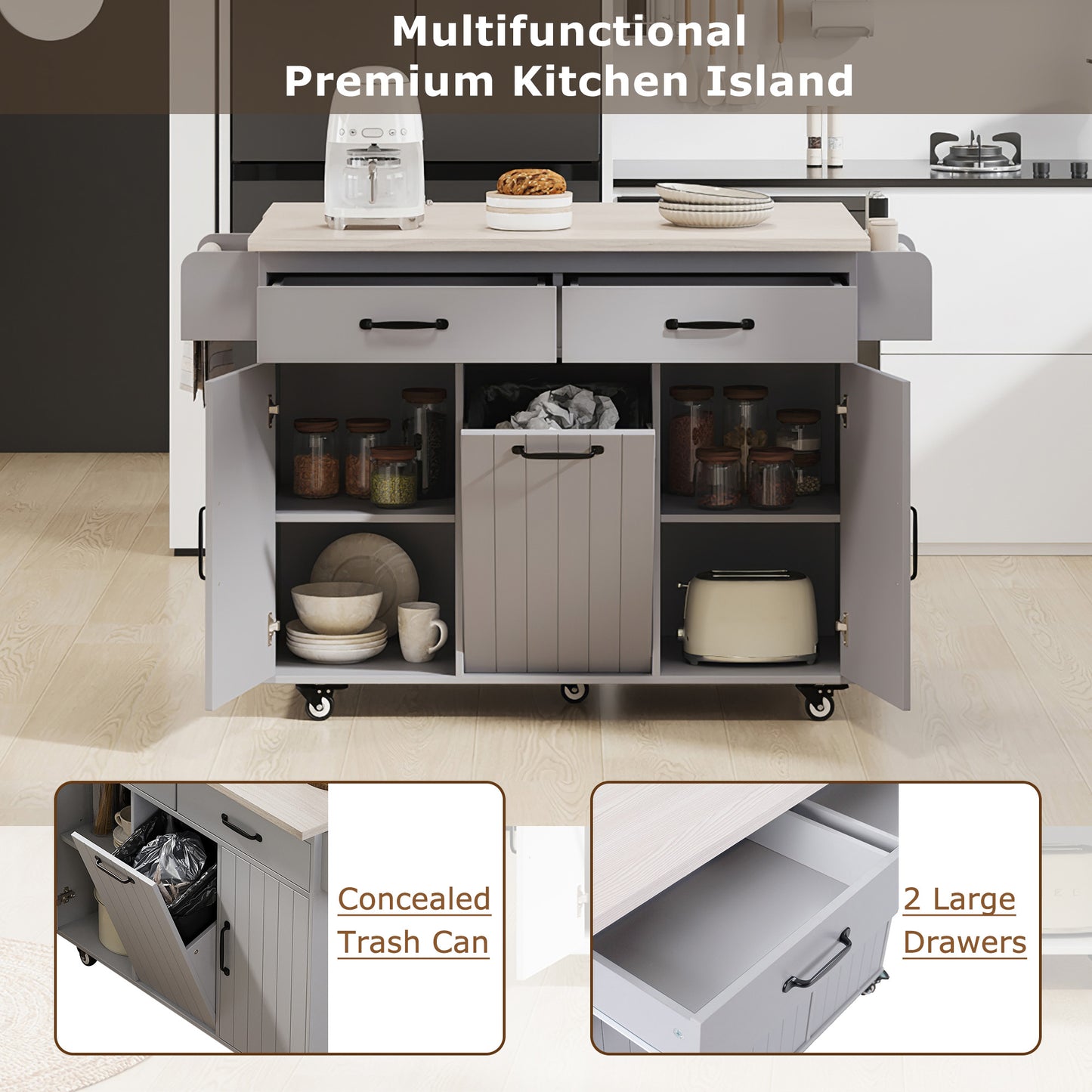 K&K Kitchen Island with Trash Can Storage Cabinet, Kitchen Cart with Drop Leaf, Spice Rack, Towel Rack and Drawer, Rolling Kitchen Island on Wheels with Adjustable Shelf, Grey image 10