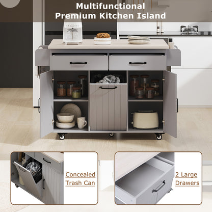 K&K Kitchen Island with Trash Can Storage Cabinet, Kitchen Cart with Drop Leaf, Spice Rack, Towel Rack and Drawer, Rolling Kitchen Island on Wheels with Adjustable Shelf, Grey image 10