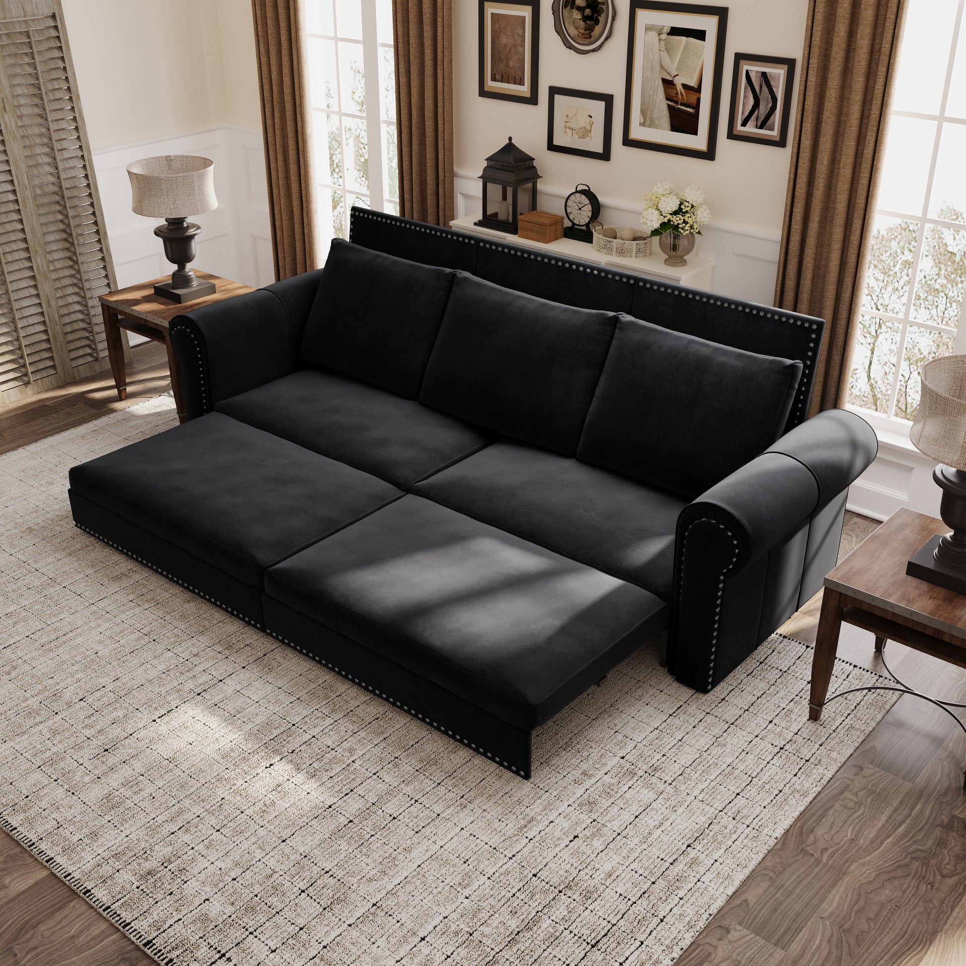 Chesterfield Sofa,93.7" King Pull Out Sofa Bed,3-in-1 Velvet Convertible Sleeper Sofa with Nailhead Trim & Rolled Arm,Multi-Functional Sofa Bed for Black (Old sku:W1885S00039/W1885S00100) image 3