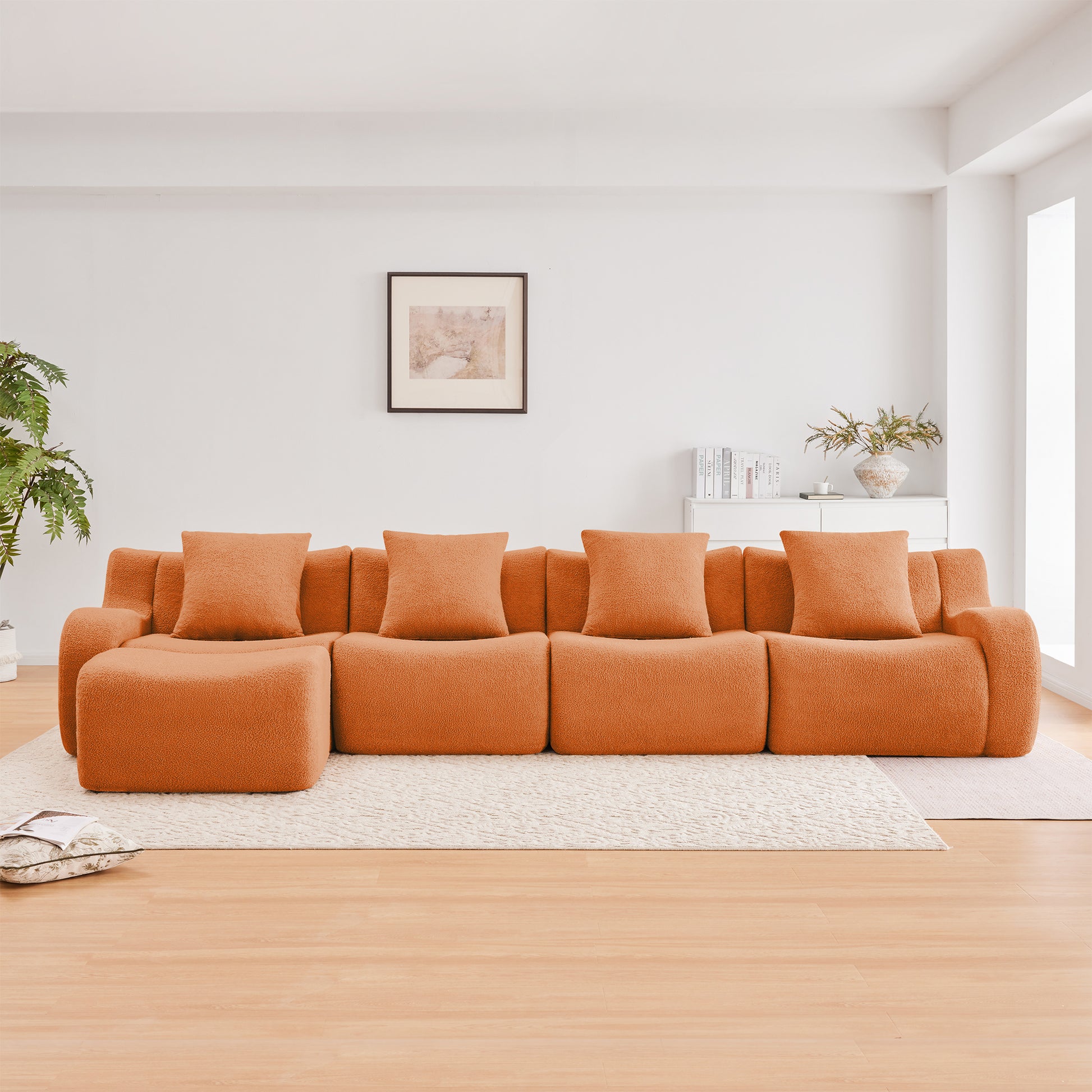 L-Shaped 4-Seat Boneless Sofa,Teddy Fabric No Assembly Required Curved Armrest,Anti-slip Design, Assembly Chaise,32D High Density Sponge Full Compression Vacuum Packag,For Studies living Rooms,Orange image 3