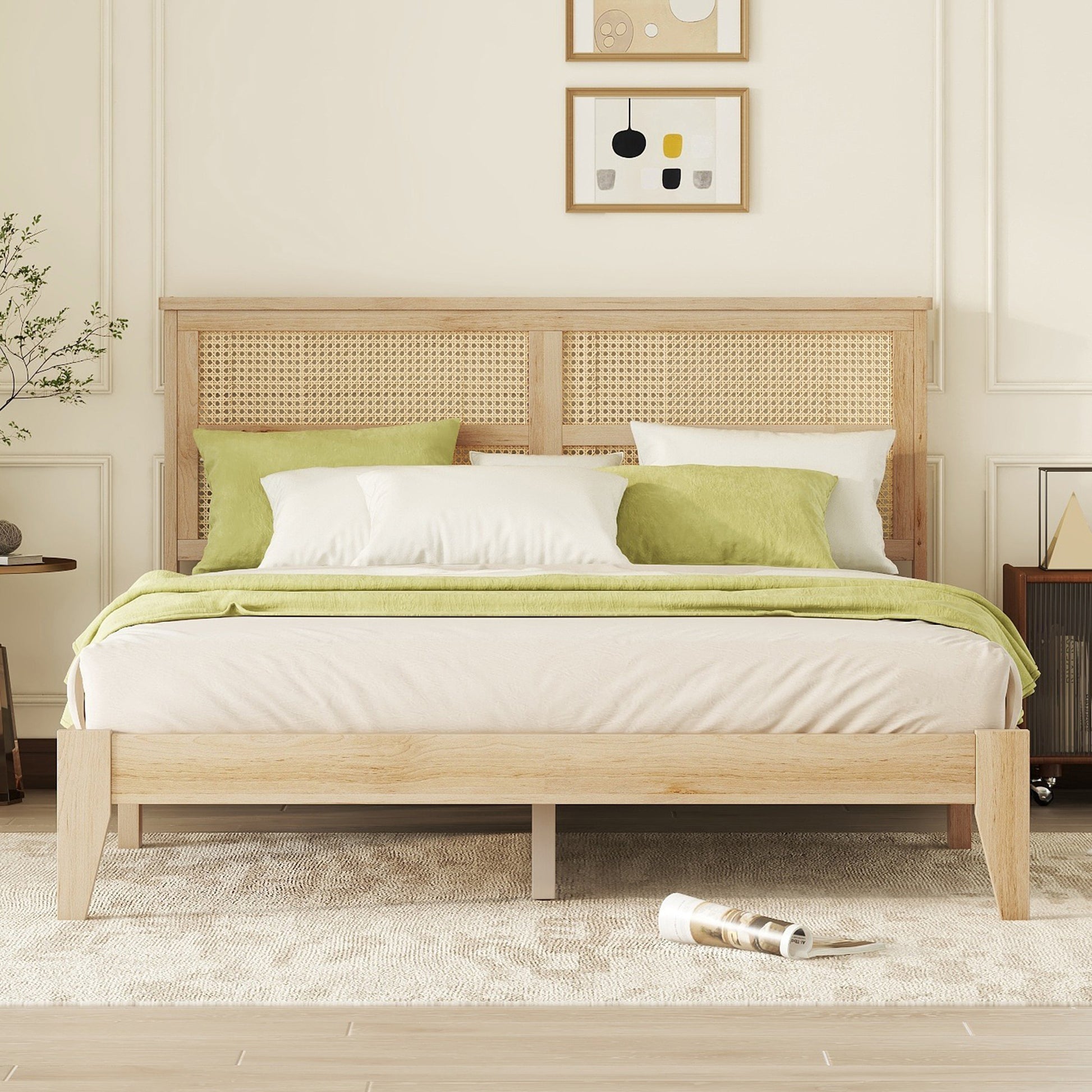 Queen Size Rubber Wooden, Solid Wooden Bed with Rattan Headboard, Enhanced by Support Feet,Natural image 1