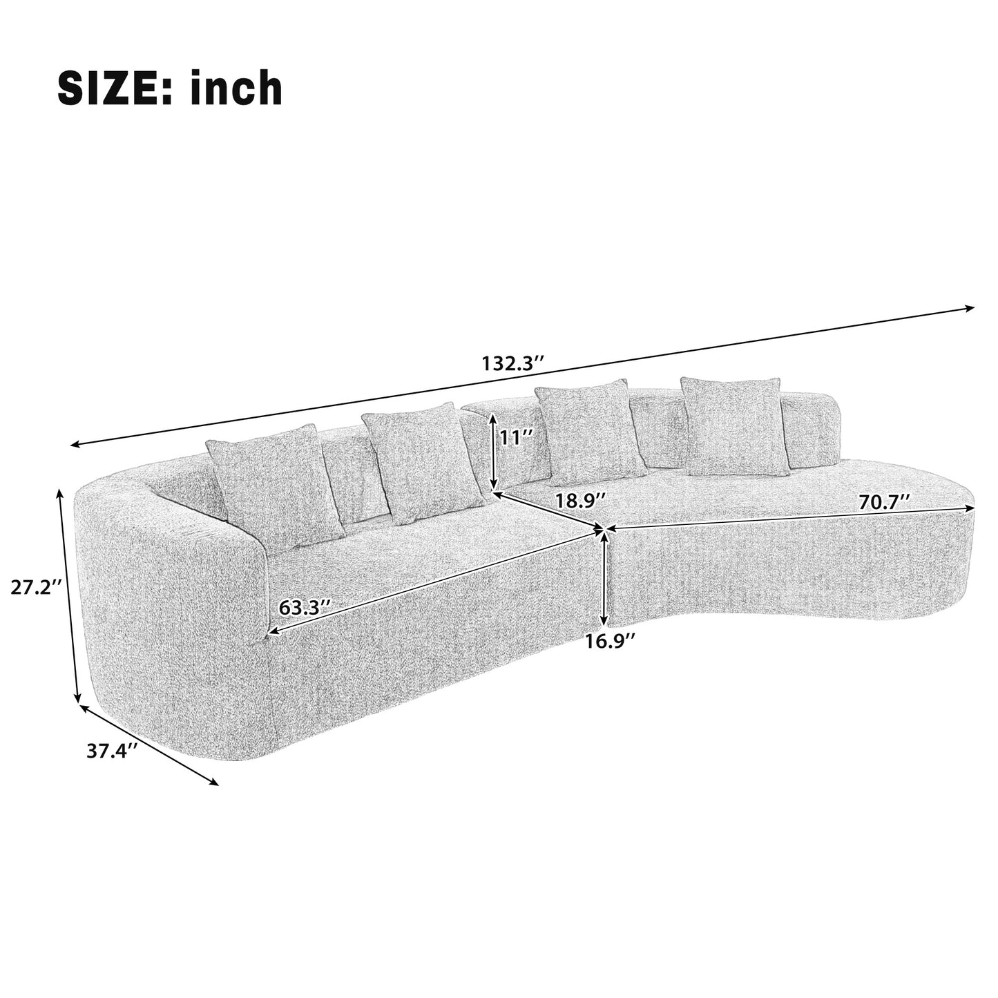 U_Style 132" Modern Sectional Sofa with Curved Design, 2-Piece Chenille Modular Couch with 4 Pillows, Plush Sponge & Spring Cushion, Large Sponge Modular Sofa for Living Room image 3