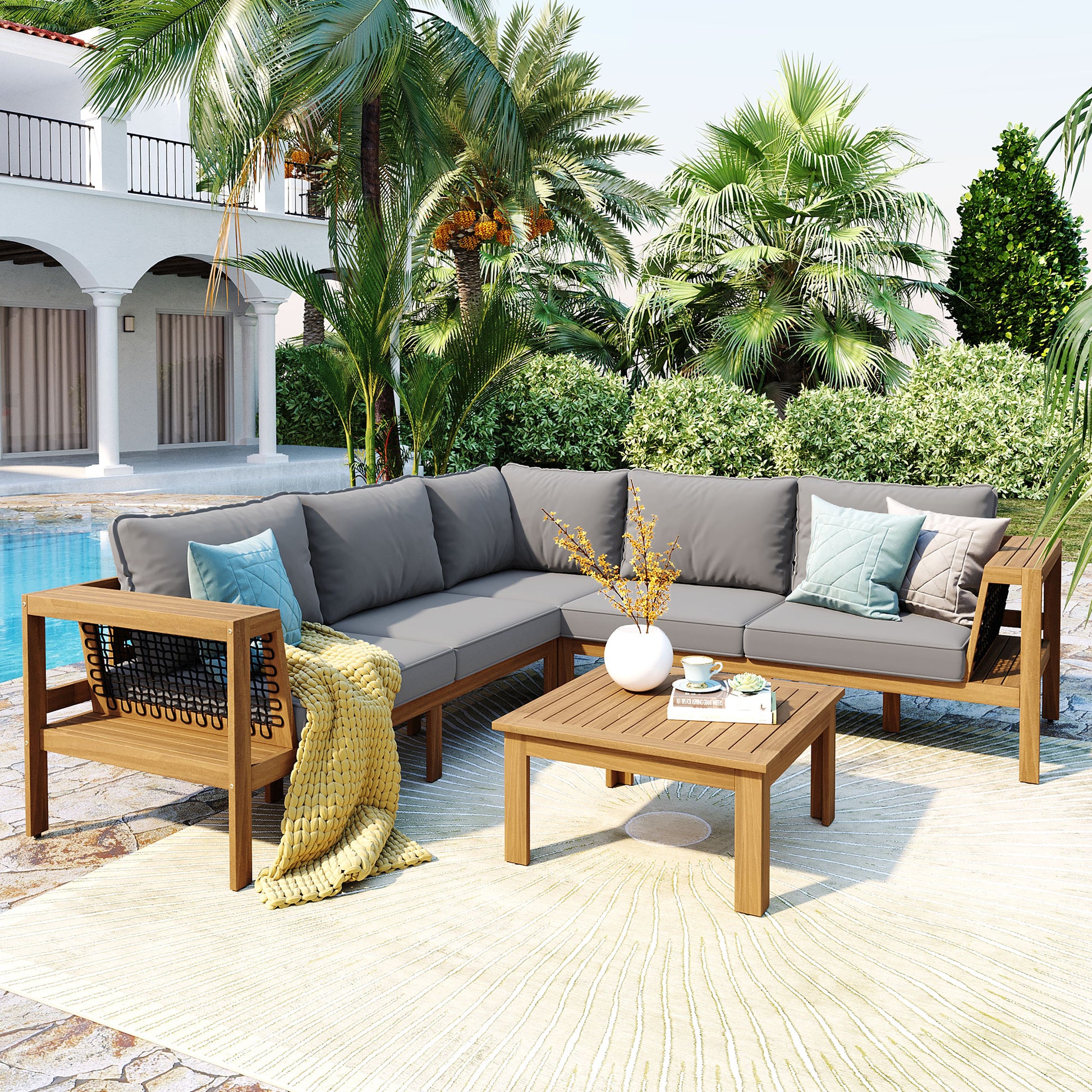 <Old SKU: N704G201249E> 4 Pieces Outdoor Acacia Wood Sofa Set, Woven Mesh Armrests, L-Shaped Patio Furniture Sofa Set with Coffee Table, Outdoor Conversation Set with Gray Cushions and Side Table image 1