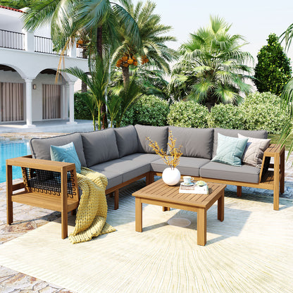 <Old SKU: N704G201249E> 4 Pieces Outdoor Acacia Wood Sofa Set, Woven Mesh Armrests, L-Shaped Patio Furniture Sofa Set with Coffee Table, Outdoor Conversation Set with Gray Cushions and Side Table image 1