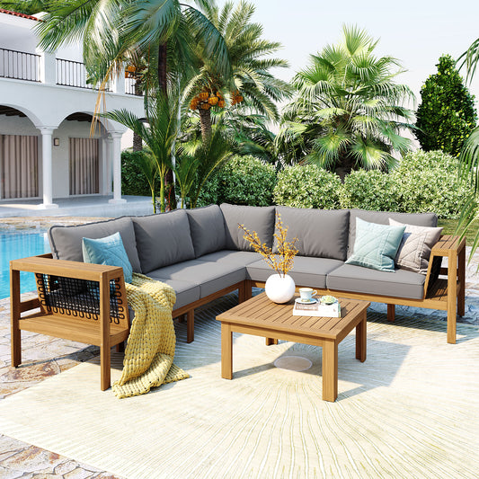 <Old SKU: N704G201249E> 4 Pieces Outdoor Acacia Wood Sofa Set, Woven Mesh Armrests, L-Shaped Patio Furniture Sofa Set with Coffee Table, Outdoor Conversation Set with Gray Cushions and Side Table image 1