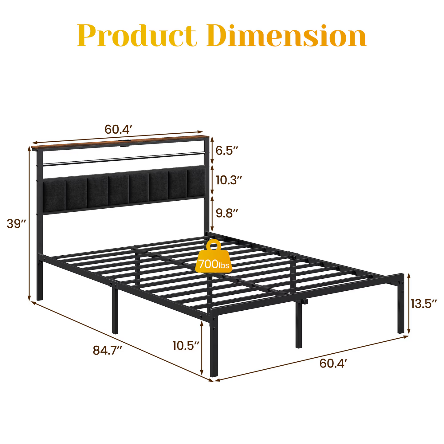 Queen Size Bed Frame with Charging Station, Platform Bed with Metal Slats, Upholstered Headboard with Storage Shelves, No Box Spring Needed, Black image 2