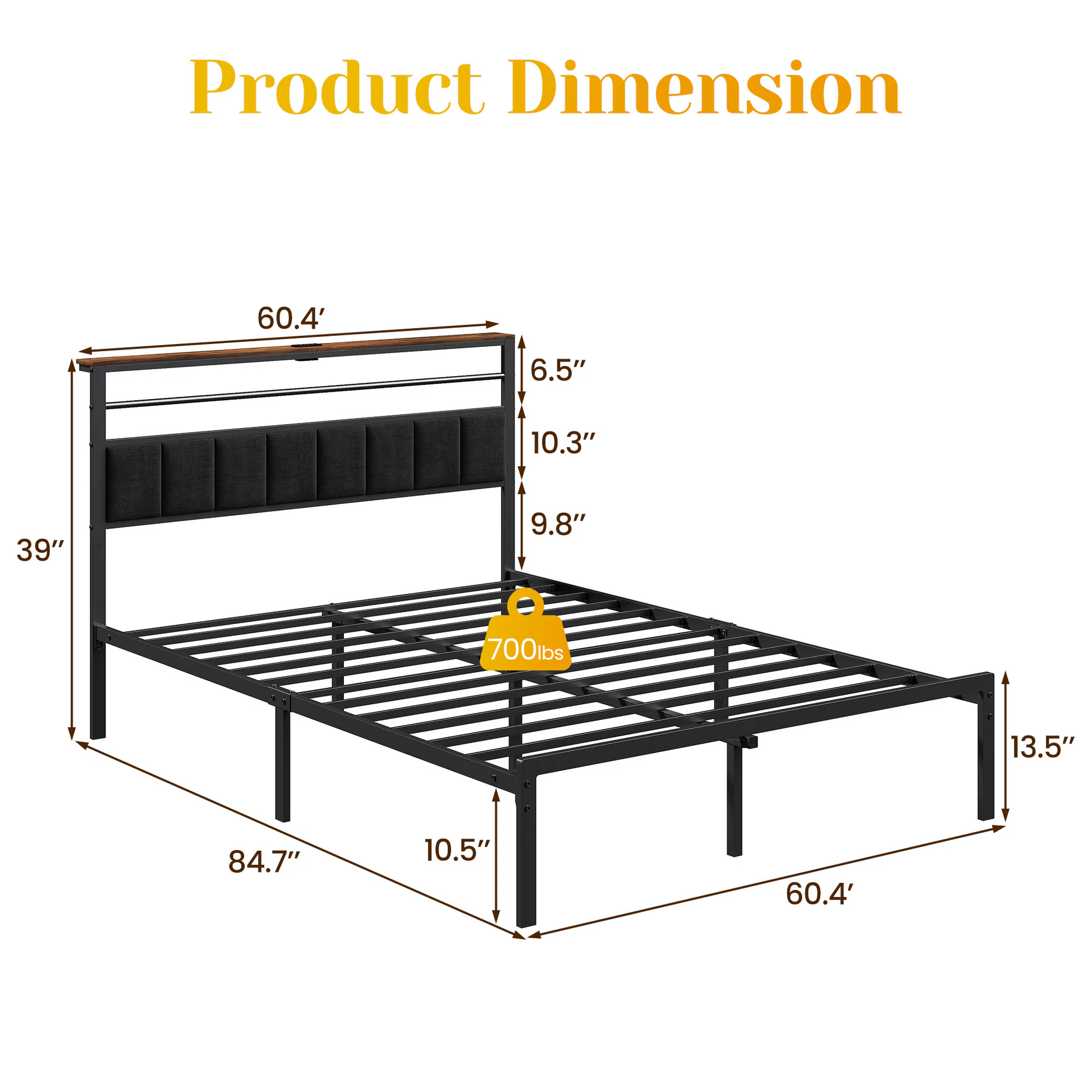 Queen Size Bed Frame with Charging Station, Platform Bed with Metal Slats, Upholstered Headboard with Storage Shelves, No Box Spring Needed, Black image 2