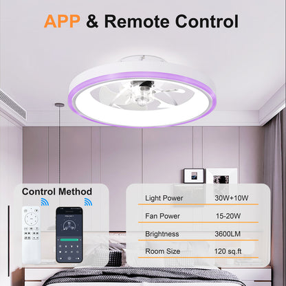 19.7" Modern RGB Ceiling Fan with Lights, Flush Mount Low Profile Fan with Remote & APP, 6-Speed Reversible Silent DC Motor, Dimmable 3000-6500K LED for Bedroom, White image 9