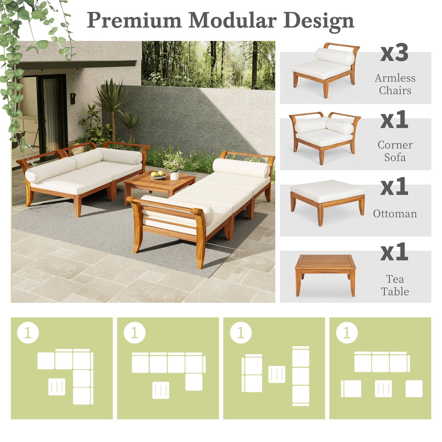TOPMAX 6 Piece Patio Sofa Set, Acacia Wood Outdoor Modular Sectional Garden Furniture Set L-Shaped Conversation Set, Convertible Daybed with Tea Table, Ottoman, 5 Cushions and Pillows, Teak+Beige image 8