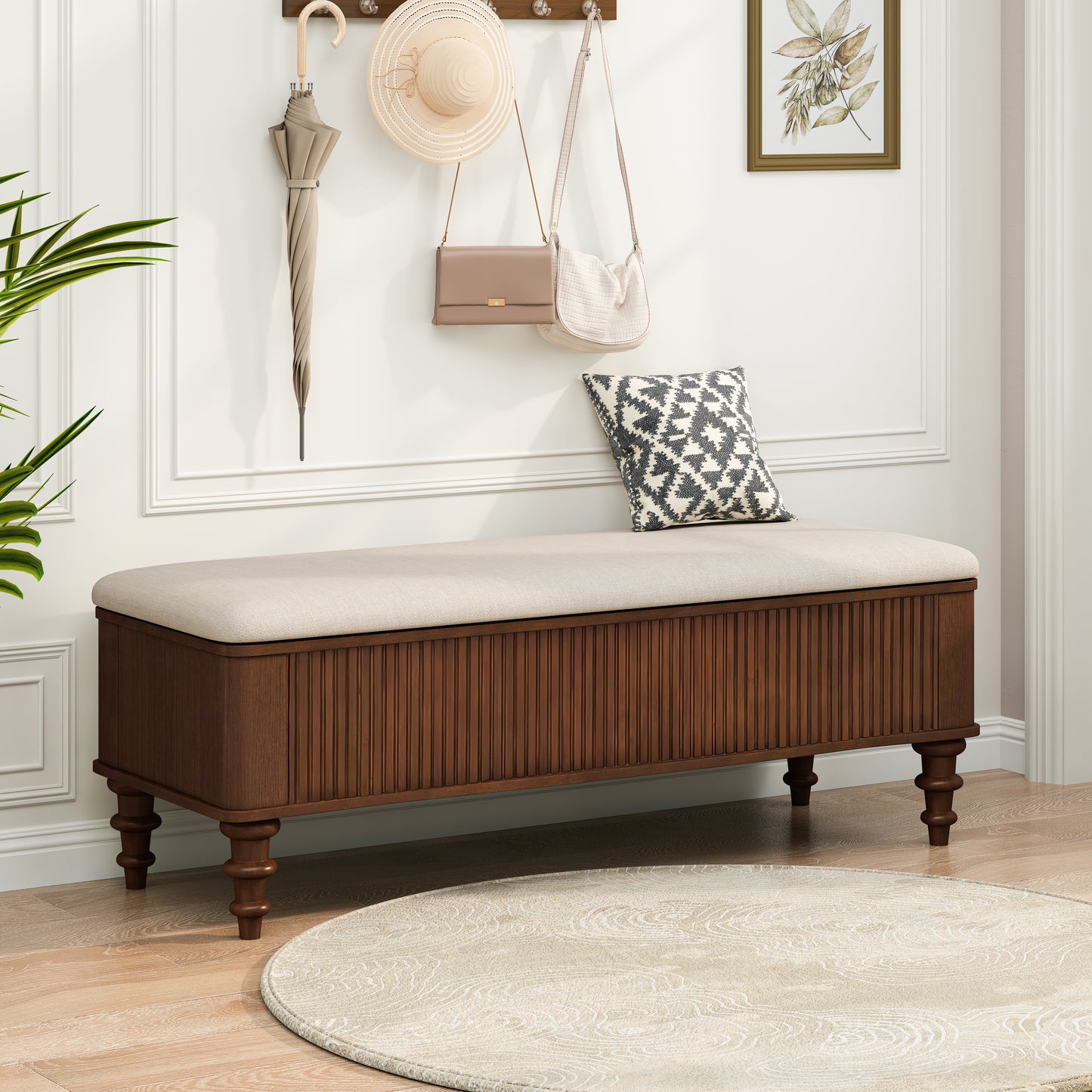 50.8-inch Multi-Functional Storage Ottoman Bench-Solid Rubberwood Bed End Bench with Linen Seat, Storage Bench for Bedroom, Entryway Shoe Organizer for Bedroom, Living Room, Entryway, Closet, Walnut image 3