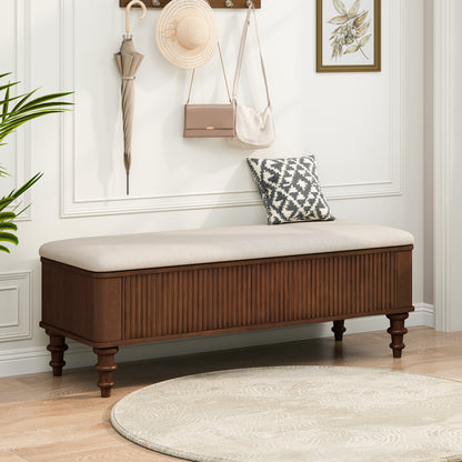 50.8-inch Multi-Functional Storage Ottoman Bench-Solid Rubberwood Bed End Bench with Linen Seat, Storage Bench for Bedroom, Entryway Shoe Organizer for Bedroom, Living Room, Entryway, Closet, Walnut image 3