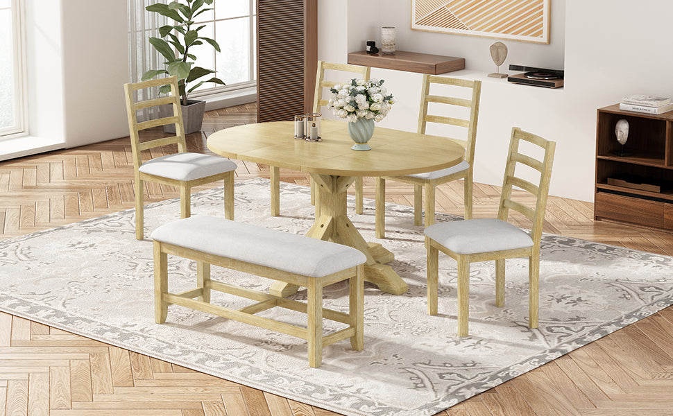 TOPMAX Farmhouse 6-Piece 60inch Extendable Pedestal Dining Table Set with 18inch Removable Leaf, 44inch Bench and 4 Ladder Back Dining Chairs, Natural+Beige(OLD SKU:SP000060AAA) image 3