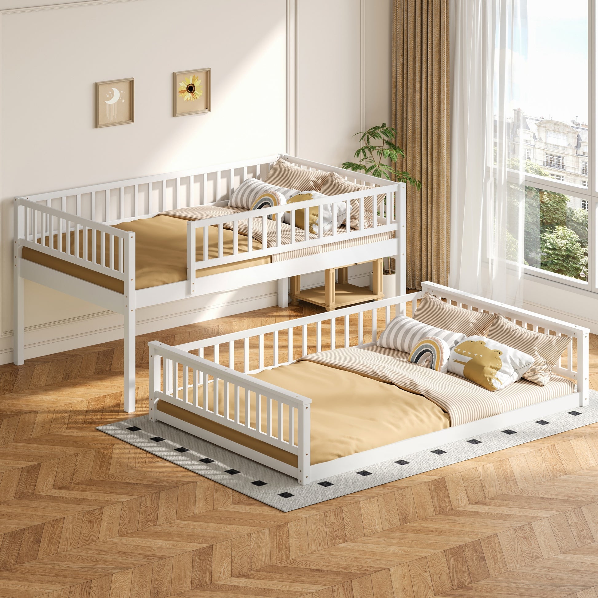 Full XL over Queen Bunk Bed with Ladder and Guardrails, White image 3