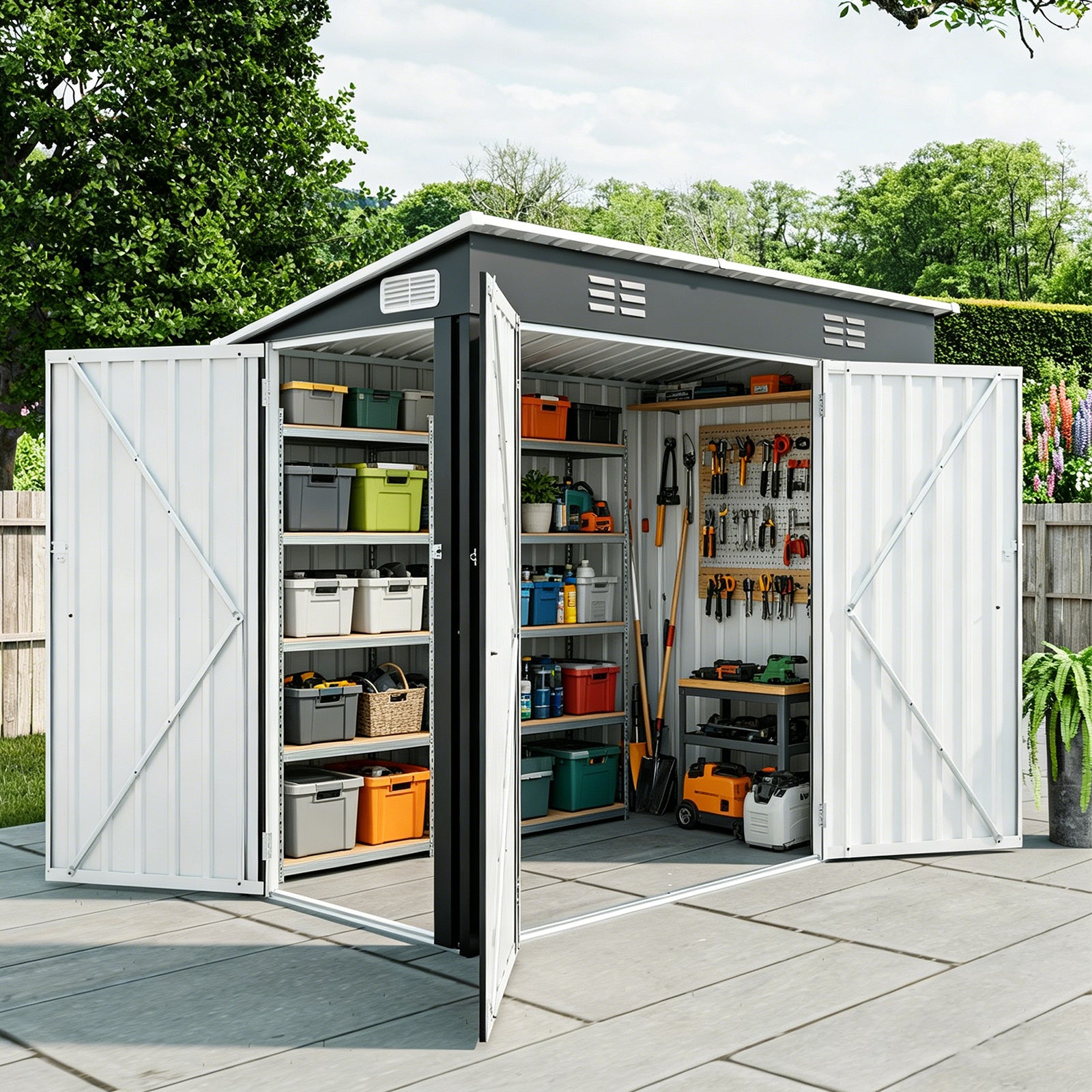 4 x 8 FT Galvanized Steel Outdoor Storage Shed with 3 Access Doors, Ventilated Weatherproof Metal Utility Shed for Garden Tools, Bikes & Patio Equipment,Black(3.58*7.41 ft) image 3