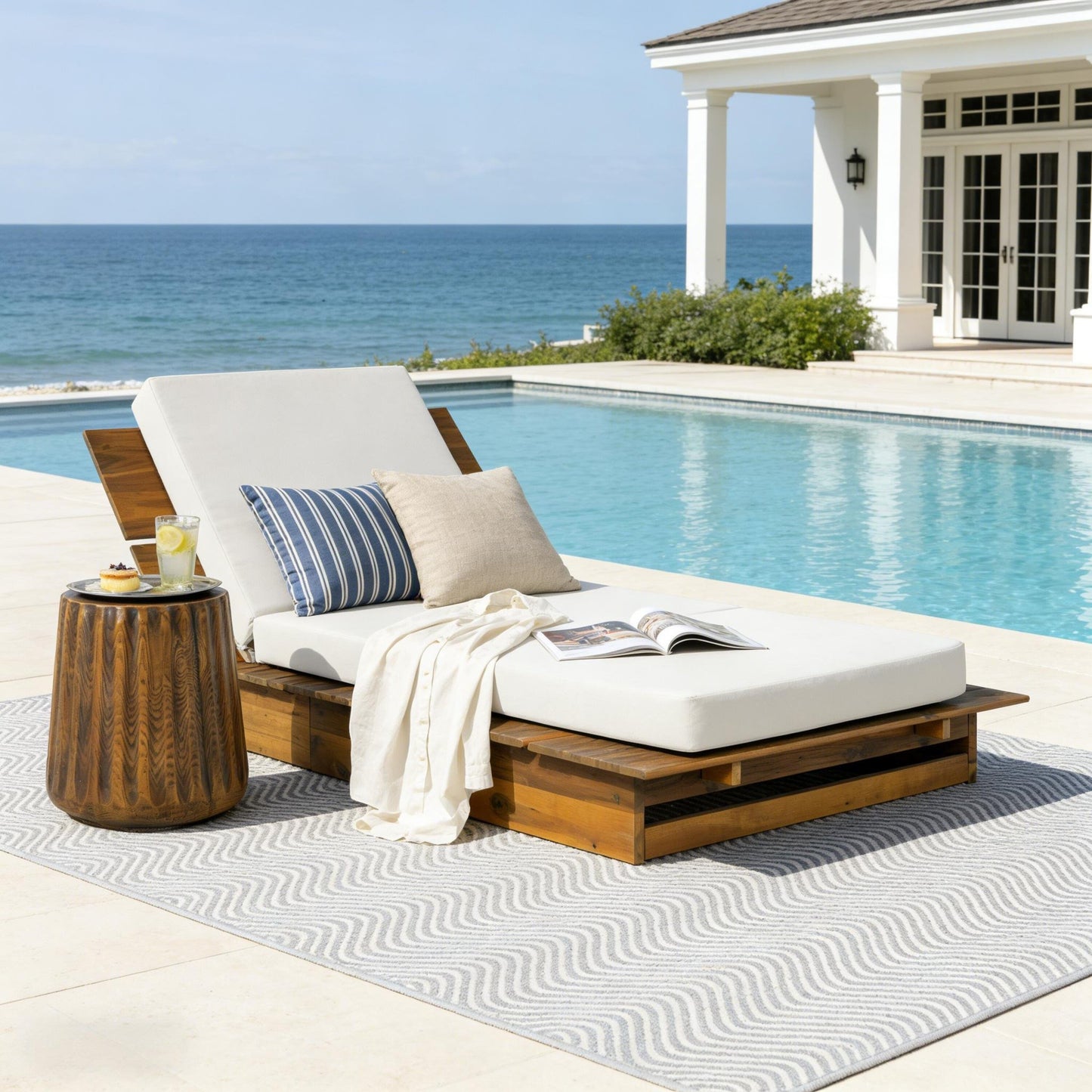 Acacia Wood Chaise Lounge with 4" Thick 3-Fold Cream Movable Cushion – Wide Teak Finish Patio Lounger, 3-Position Recliner, 400 lbs Capacity image 3