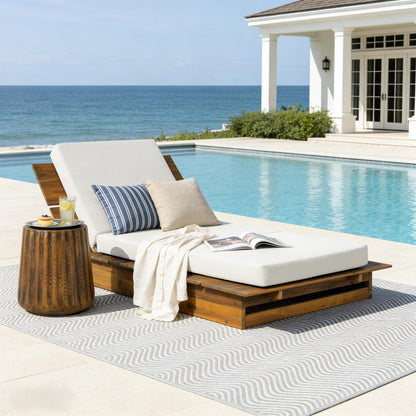 Acacia Wood Chaise Lounge with 4" Thick 3-Fold Cream Movable Cushion – Wide Teak Finish Patio Lounger, 3-Position Recliner, 400 lbs Capacity image 3