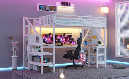 Metal Full Loft Bed with Wardrobe and LED Light, Full Size Loft Bed with L Shaped Desk and USB for Kids Teens Adults, White(Expect Arrival Date 2026/3/2) image 7