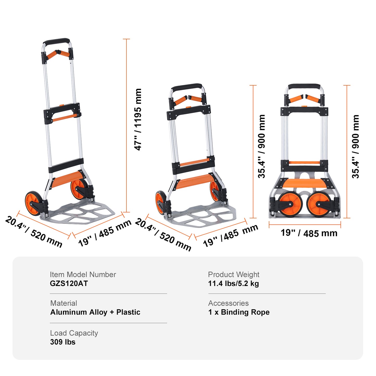 Folding Hand Truck, 309 lbs Load Capacity, Aluminum Portable Cart, Convertible Hand Truck and Dolly with Telescoping Handle and PP+TPR Wheels, Ultra Lightweight Super Strong for Moving Warehouse image 6