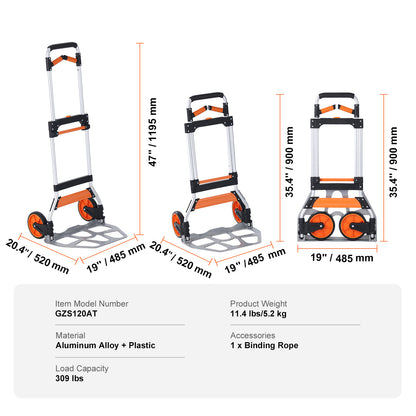Folding Hand Truck, 309 lbs Load Capacity, Aluminum Portable Cart, Convertible Hand Truck and Dolly with Telescoping Handle and PP+TPR Wheels, Ultra Lightweight Super Strong for Moving Warehouse image 6