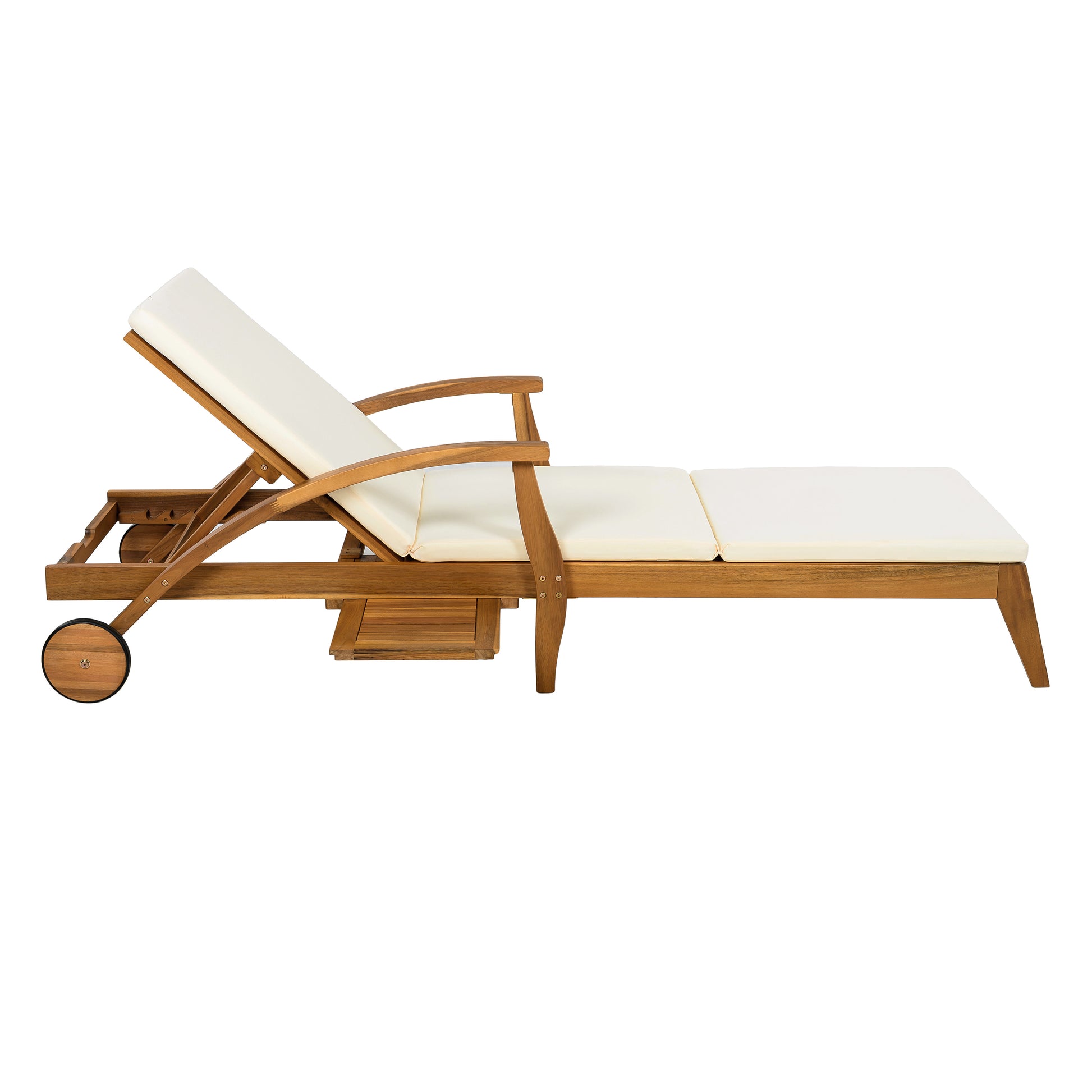 CHAISE LOUNGE WITH WHEEL - ACACIA WOOD RECLINER FOR PATIO/GARDEN, WITH 2INCH WHITE CUSHION, 4-POSITION ADJUSTABLE BACKREST, VERSATILE OUTDOOR FURNITURE (Only 1 SET: 1 frame+ 1 Cushion) image 12