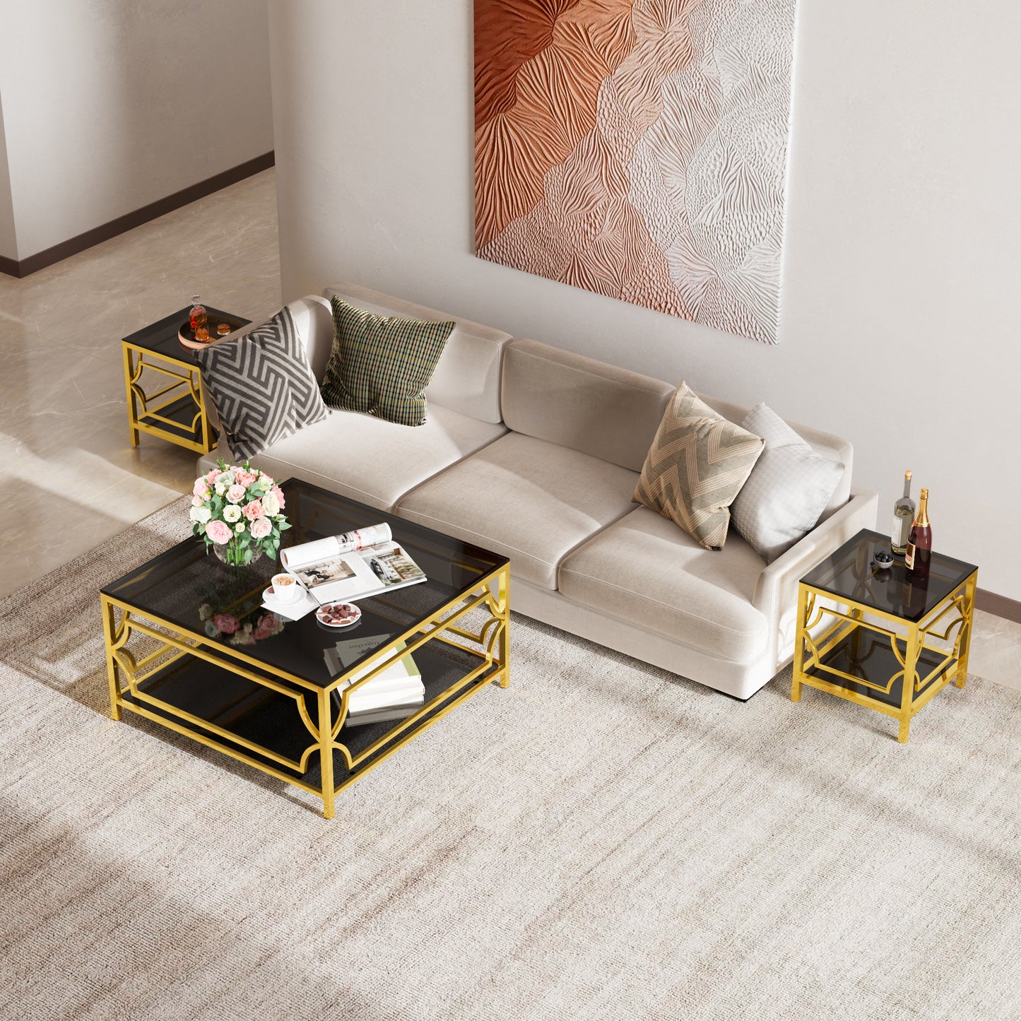 19.7" Modern Gold Square Side Table with Tempered Glass Top & Storage Shelf, Luxury Glam End Table with Metal Frame for Living Room, Bedroom, Sofa Side, Small Space Accent Table image 4