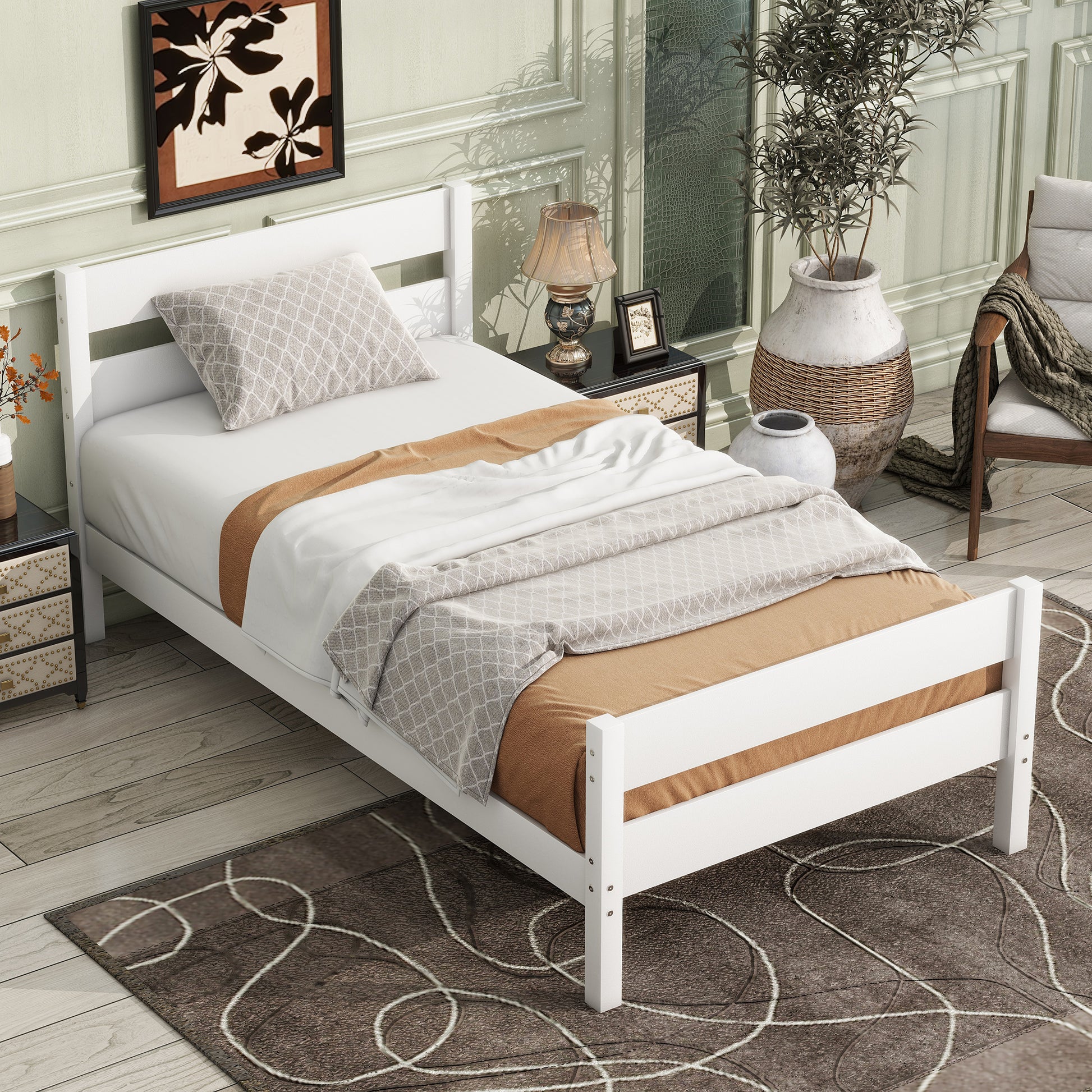 Twin Bed with Headboard and Footboard,Rubber Wood Bed,White image 1