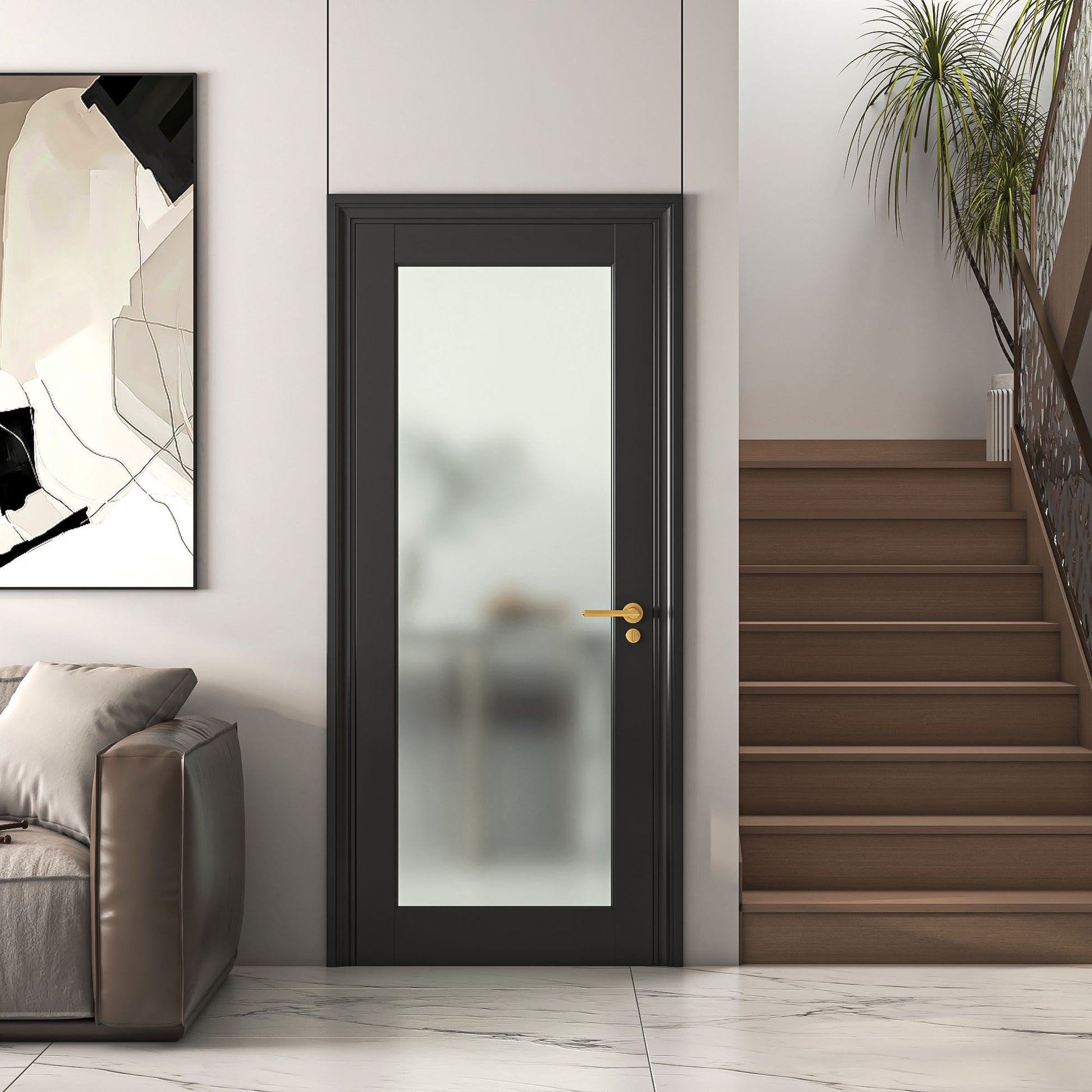 32" X 80"1-Lite Frosted Glass Interior Door for Pantry, Laundry, Closet, kitchen, Bypass, Pocket Slab Door w/o Hardware,Black image 3