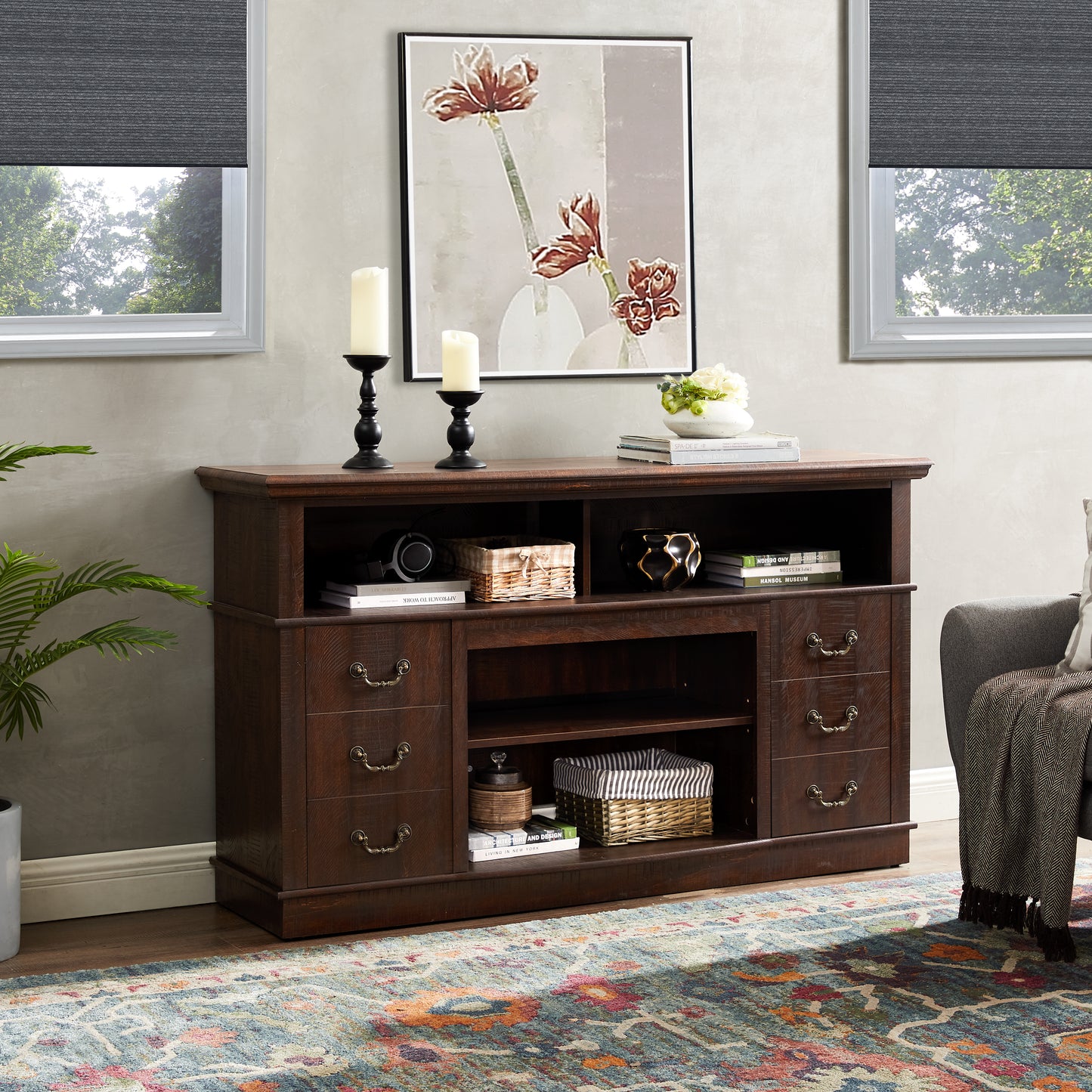 Retro TV Stand with Storage for TVs up to 65'', Mid Century Modern TV Stand & Entertainment Center with Shelf,TV Stand for Media,TV Console Table for Living Room Espresso 60"W*15.75"D*34.25"H image 6