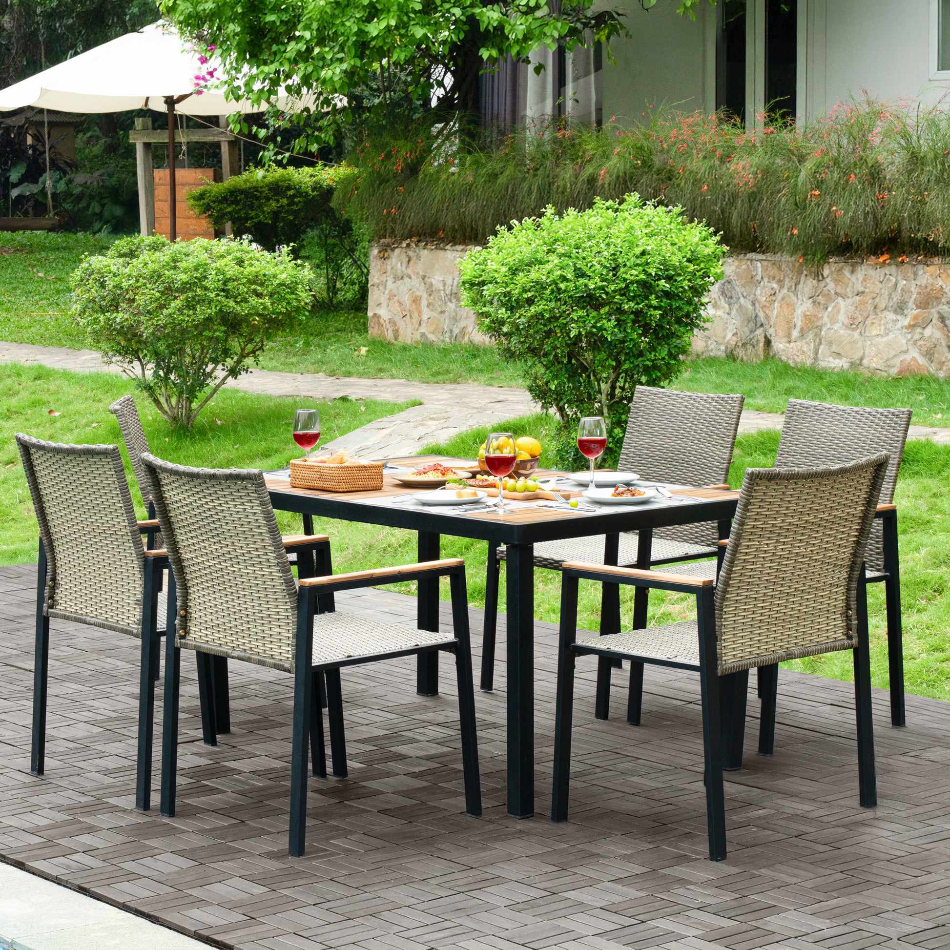 All Weather 7-Piece Patio Dining Table Sets, Patio Conversation Set Acacia Wood Table Top with Umbrella Hole, Rattan Outdoor, Brown Gray Color image 5