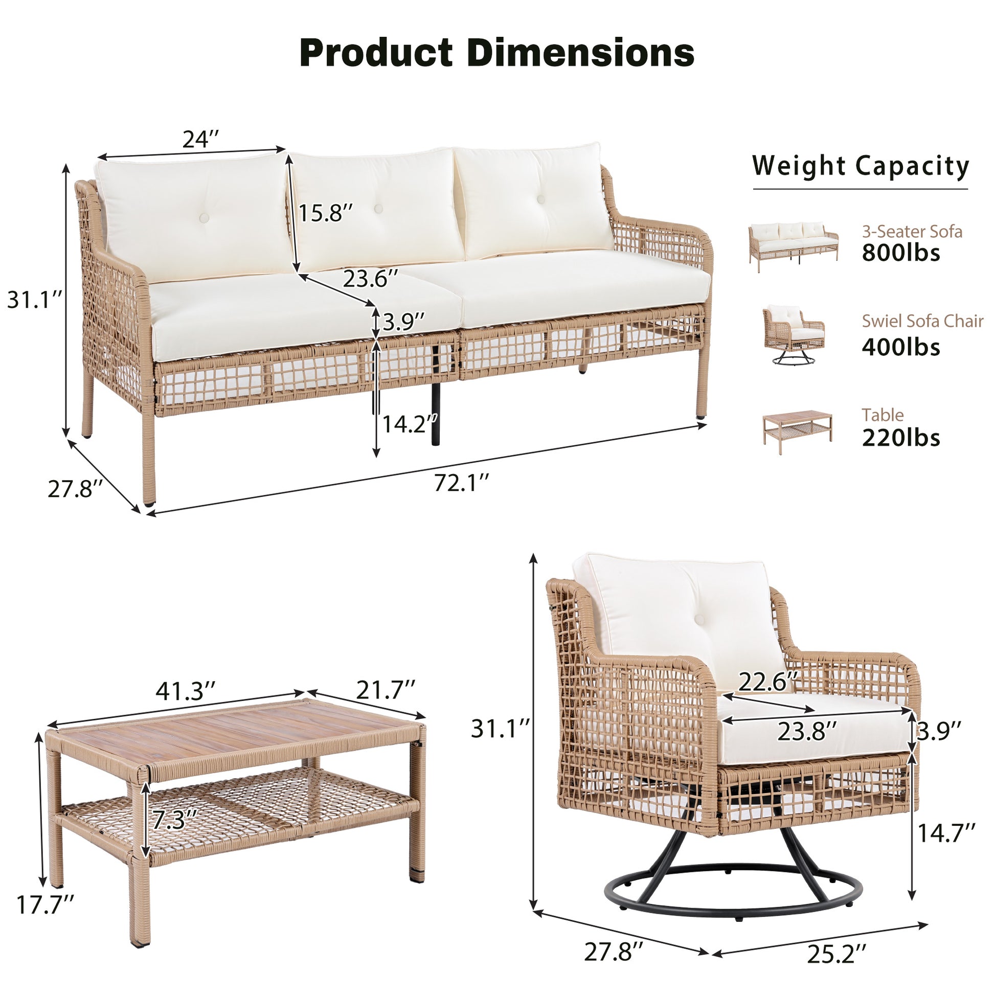 <Old SKU: N704G201247A> 4 Pieces Patio Furniture Set with Swivel Chairs, Outdoor Wicker Sofas for 5-person, Sectional Rattan Outdoor Conversation Set for Poolside Backyard Deck, Beige image 6