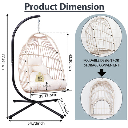 Foldable Hanging Egg Chair with Stand and Pillow, HDPE Rattan and Heavy Duty Aluminum-Steel Frame, Outdoor Patio Wicker Swing Egg Chair with Headrest and Cushioned, 350 Lbs Capacity (White) image 10