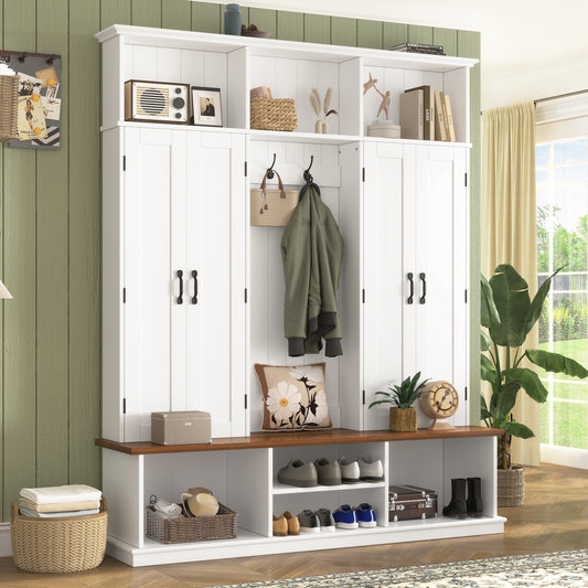 VIBE HAUS 62.2''W Entryway Hall Tree with Bench, 3 Top Cubbies & Bottom Storage Space, Farmhouse Coat Rack with Hooks & Cabinets for Entryway, Hallway, Mudroom, Living Room image 1