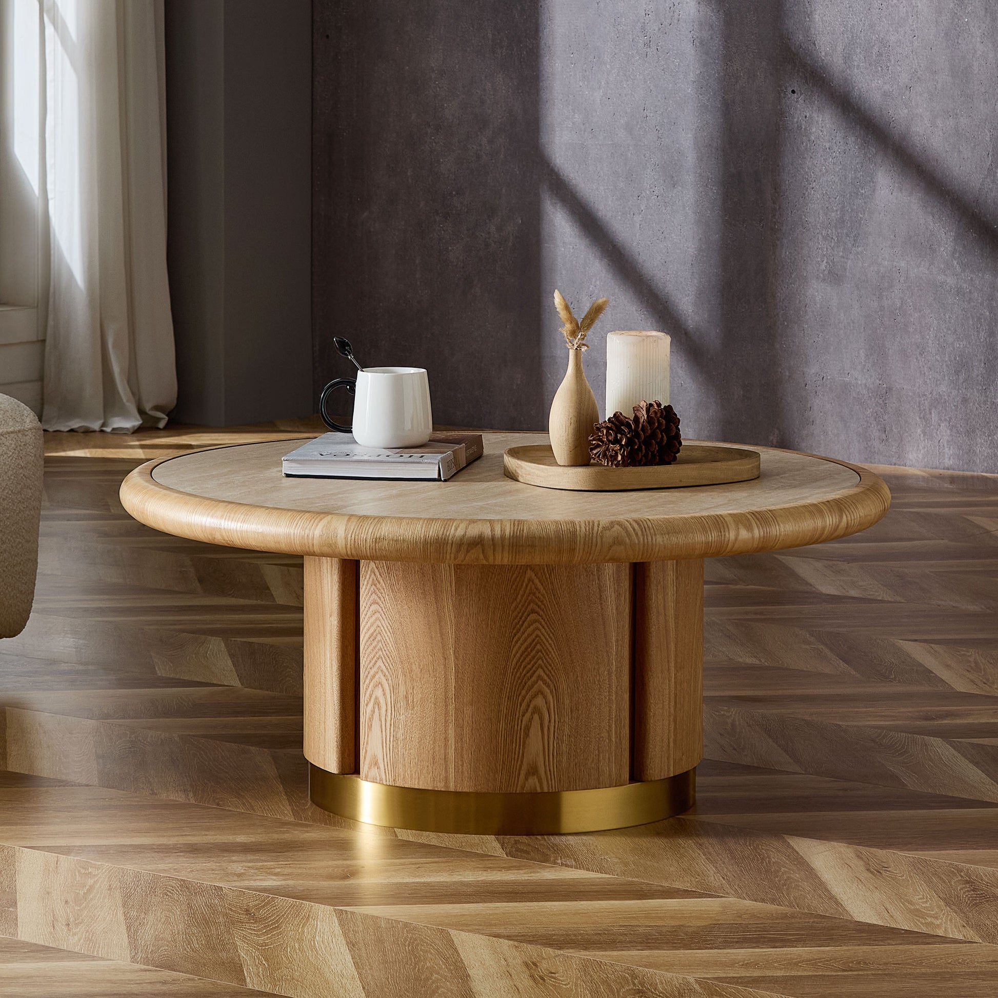 35.43 inch Round Coffee Table, Table with Sturdy MDF Pedestal with Brushed Stainless Steel,Sintered Stone Tabletop Table,Rounded Sofa Side Table for living Room,Office image 7