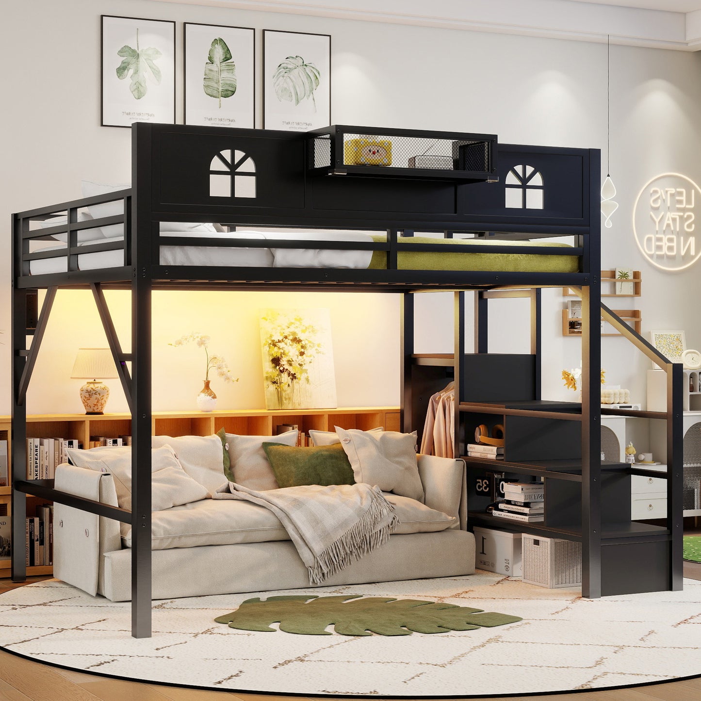 Queen Size Loft Bed with Stairs, Metal Queen Loft Bed with High and House Shaped Guardrails, High Loft Bed with Wardrobe for Kids Teens, black (Expect Arrival Date2026/3/17) image 2