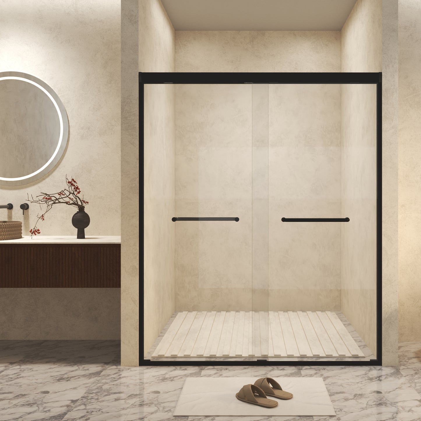 50-54" W × 72" H Tempered Glass with Explosion Proof Film, Aluminum Frame Double Sliding Shower Door, "1/4 (6 mm), Stainless Steel handle, Matte Black image 1