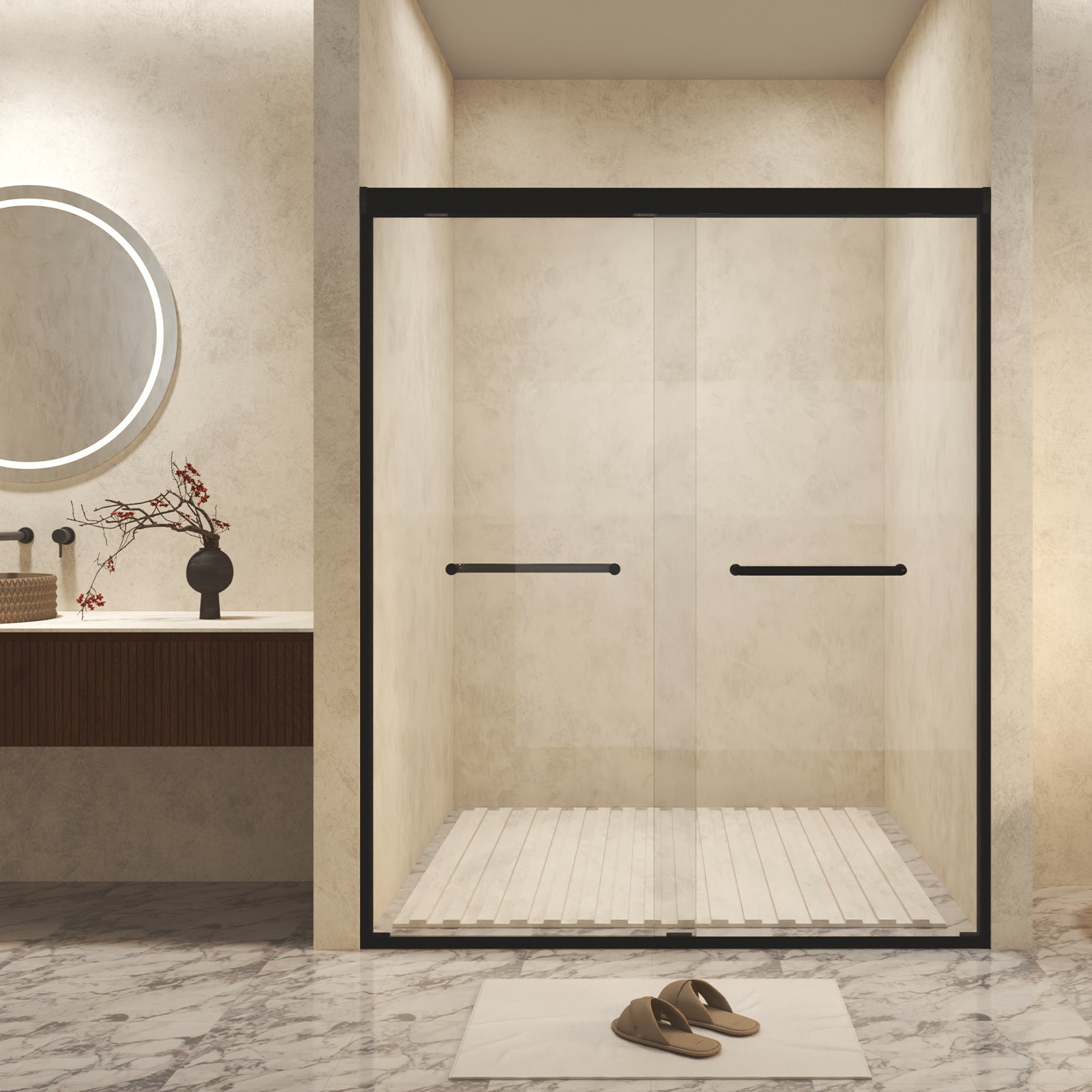 50-54" W × 72" H Tempered Glass with Explosion Proof Film, Aluminum Frame Double Sliding Shower Door, "1/4 (6 mm), Stainless Steel handle, Matte Black image 1