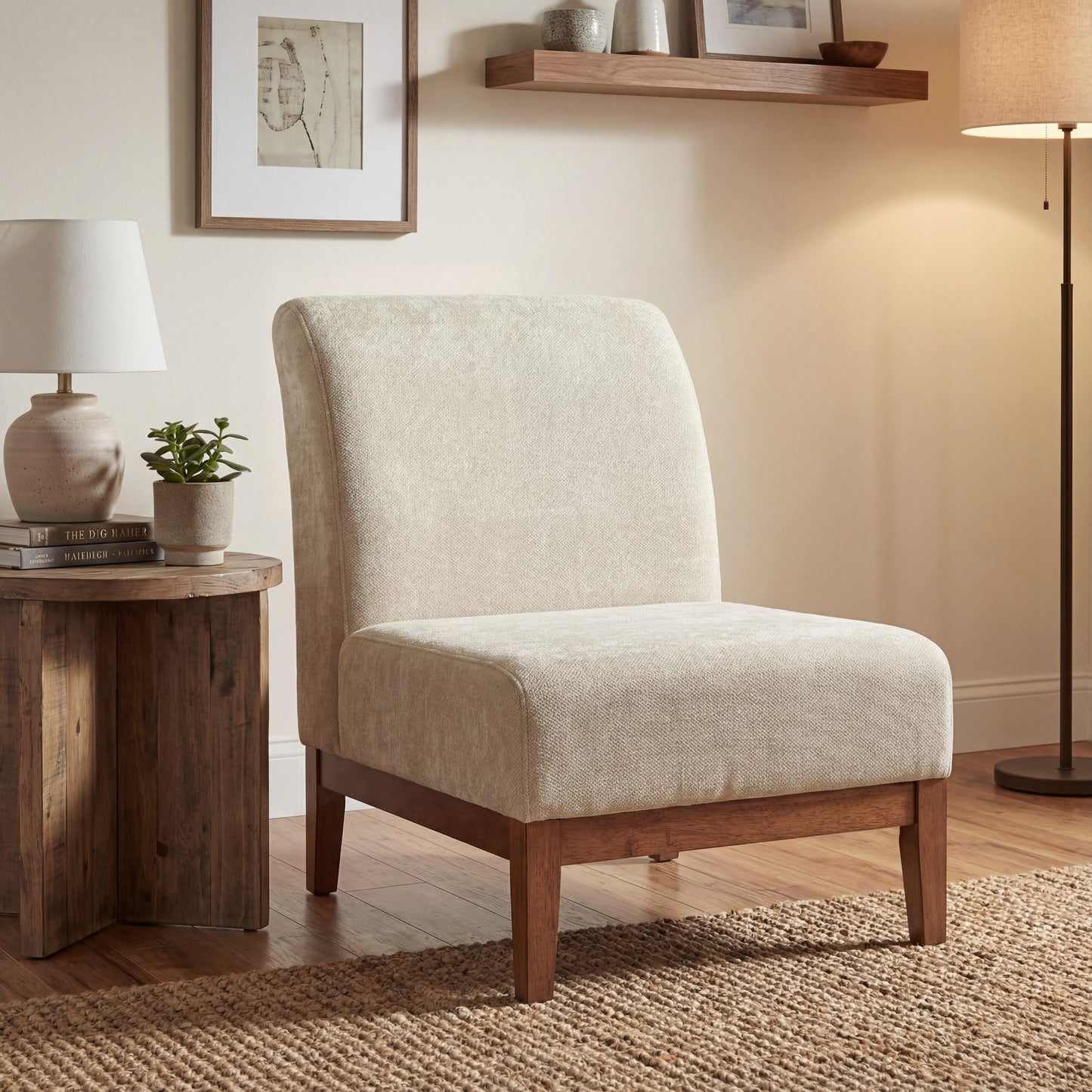 Modern Accent Chair - Beige Fabric Upholstered Accent Chair with Walnut Color Frame, 300lbs Capacity for Living Room, Bedroom & Entryway image 2